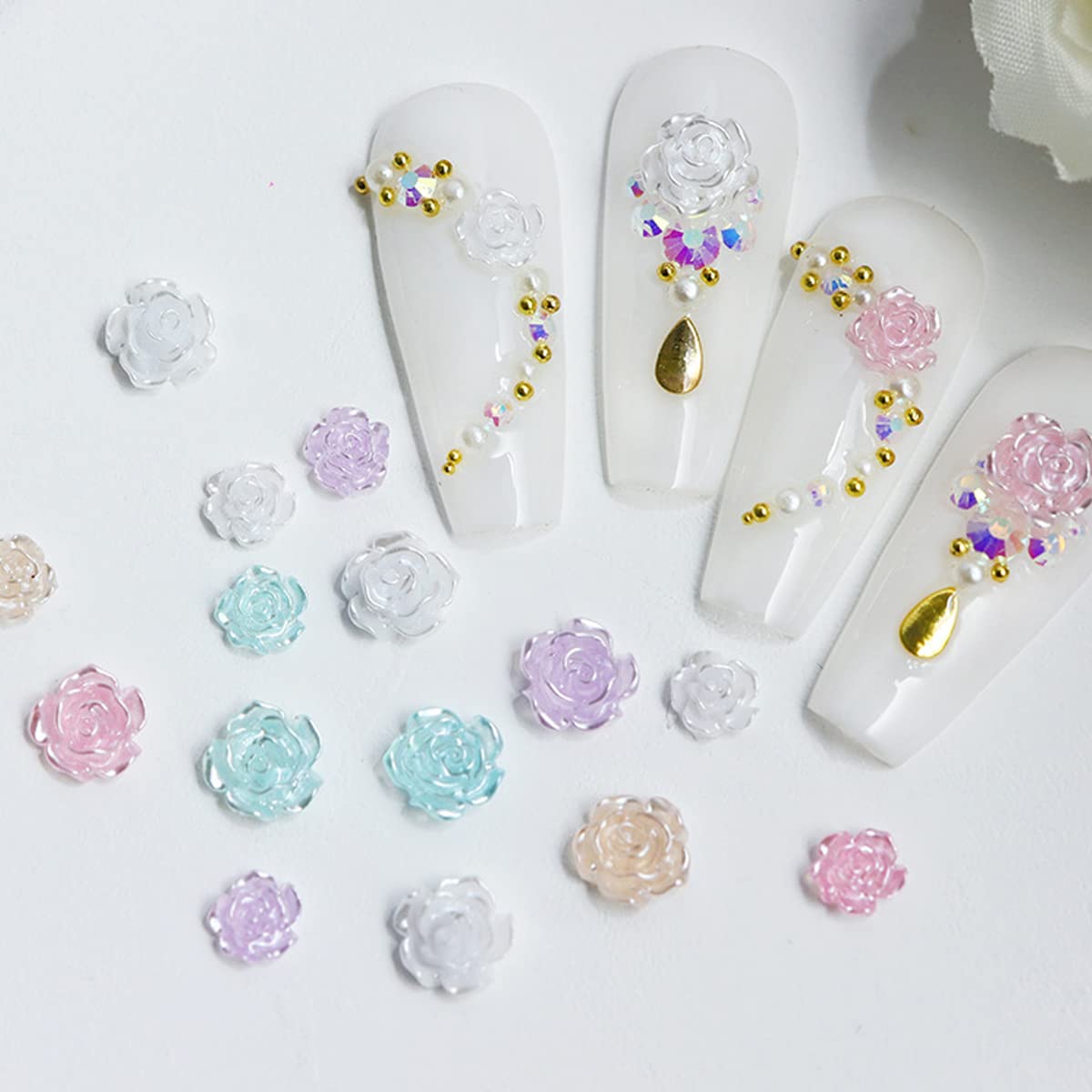 MAYCREATE 200pcs 3D Flower Nail Charms Flat Design, Acrylic Flower Decals for Nail Art, Mix Pearls Nail Art Accessories for DIY Manicure, Set of 4
