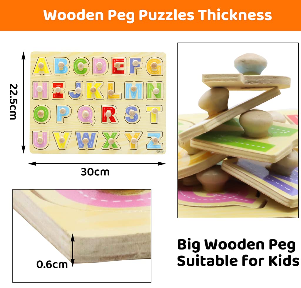 PATPAT 2Pcs ABCD Toys for Kids Wooden Puzzles Alphabets for Kids Learning Toys for 2 Year Old Girls Boys, Educational Toys Montessori Wooden Board Activity Toys Kids Gift (Letter Puzzle, Car Puzzle)