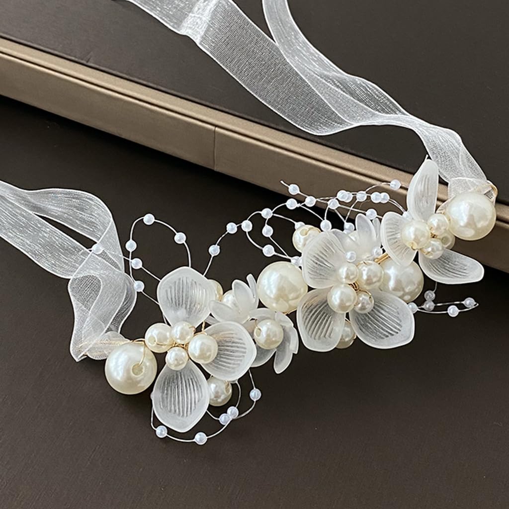 SANNIDHI Pearl Wrist Corsage Wristlet Band for Girls Kids, Flower Bracelet Hand Corsage for Women Wedding Birthday Party Prom Ceremony Accessory