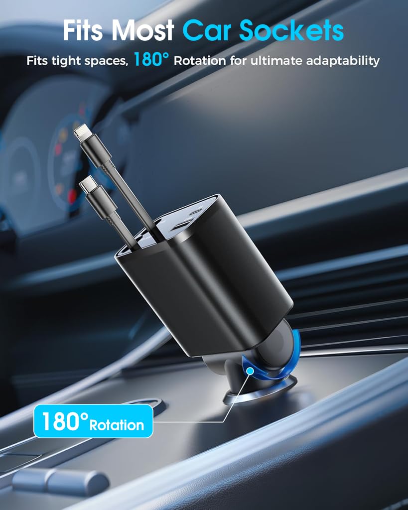 STHIRA Car Charger 4 in 1 PD 30W Car Fast Charger with Dual Retractable Charging Cable Design 180 Degree Rotation Car Mobile Charger Universal Car Charger with Cable for Phone, Tablet, GPS
