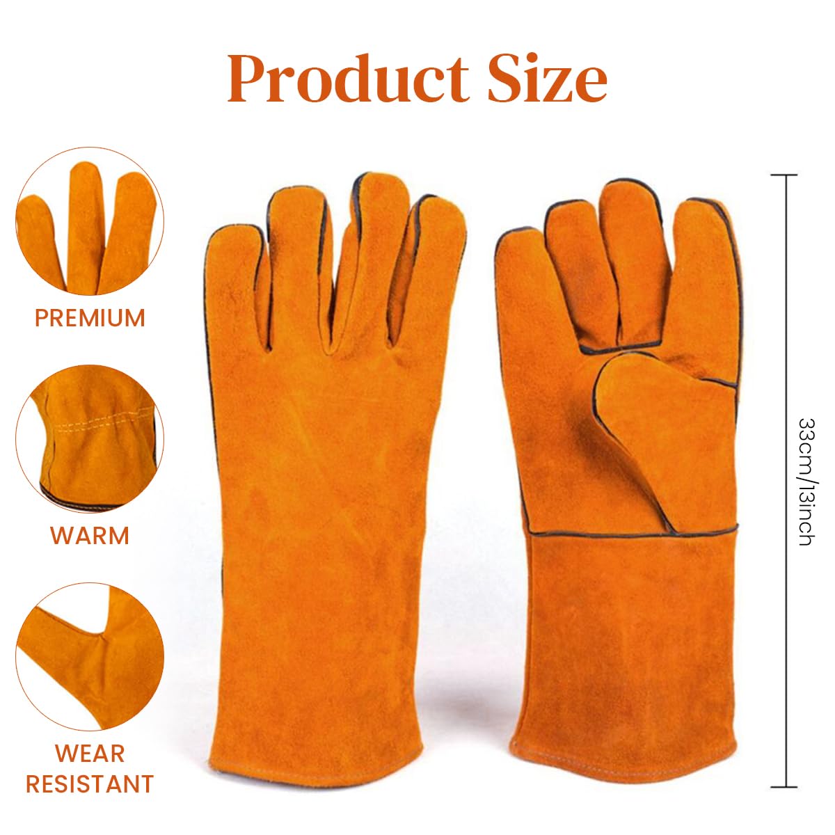 HASTHIP 14in Welding Gloves for Furnace/Tig Welder/BBQ, Heavy Duty Leather Industrial Gloves with Extra Padded Palm, Long Sleeve Heat Resistant Gloves, Heat/Fire Resistant