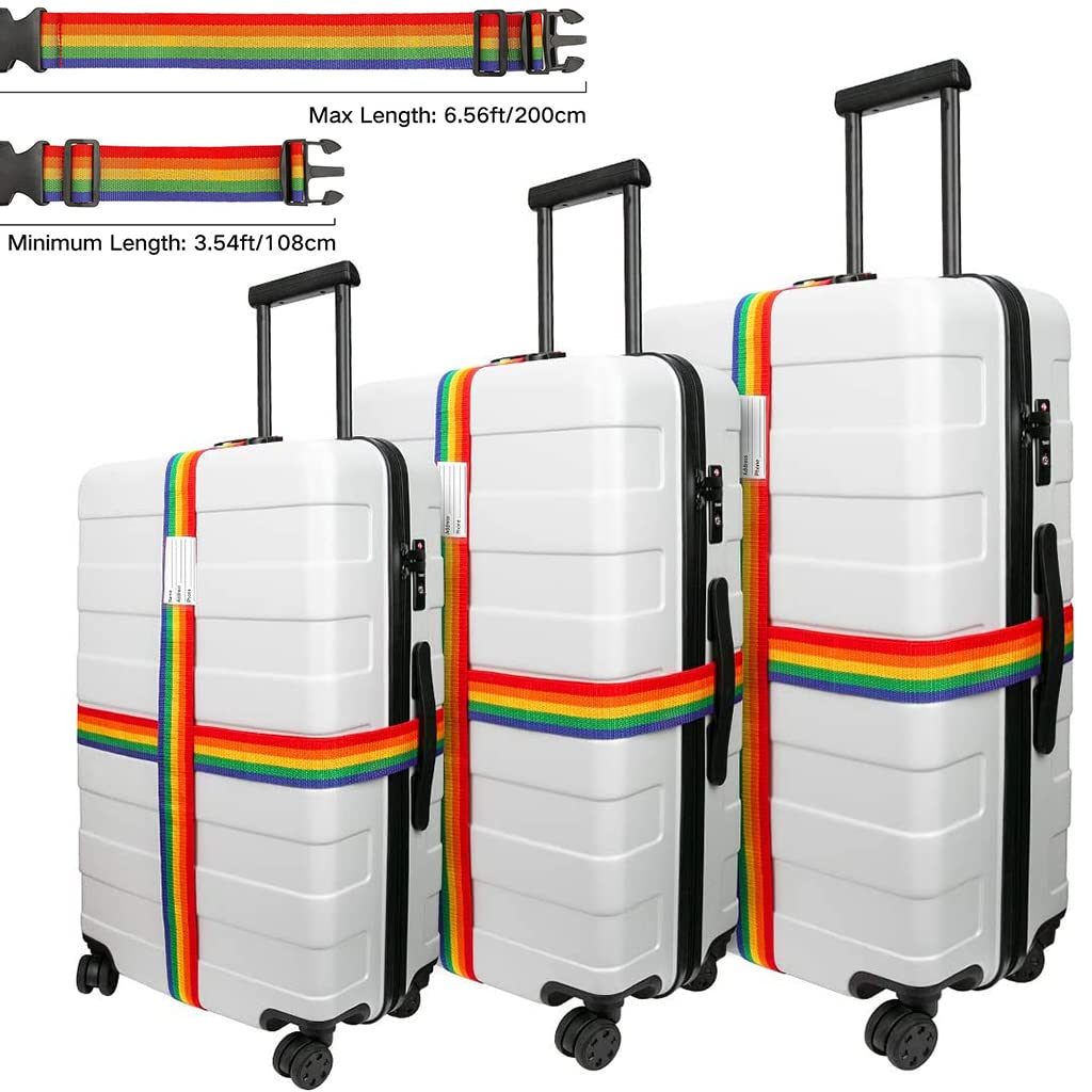 PALAY 2pc Luggage Straps, Adjustable Suitcase Belts, Heavy Duty Non-Slip Travel Luggage Straps with Boarding Pass, Quick-Release Luggage Straps Buckle Travel Accessories Bag Straps (Rainbow)