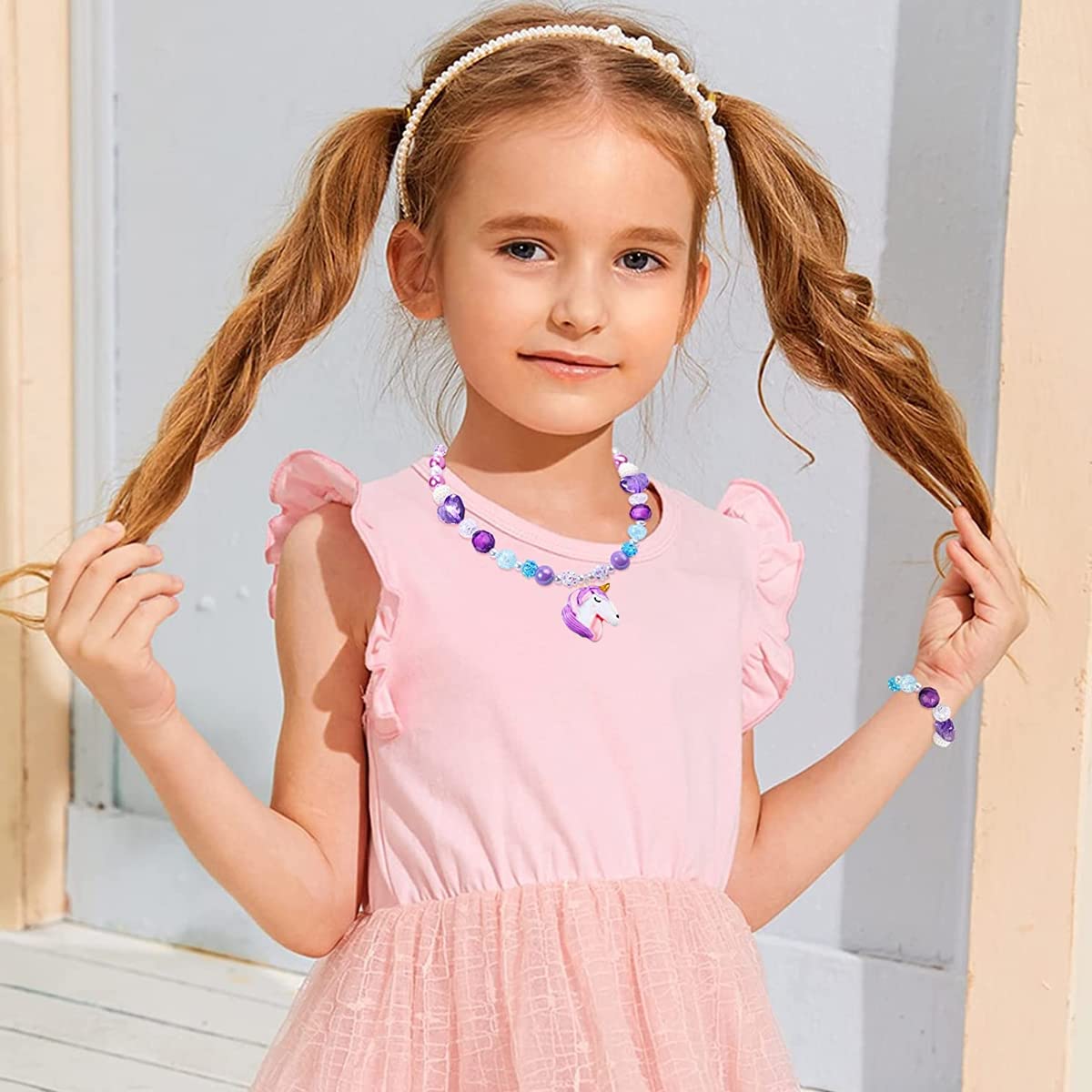 SANNIDHI® Set of 3 Necklace Bracelet Set for Girls Princess, Unicorn Mermaid Rainbow Charms Beads Necklaces Stretchy Chunky Jewelry Kit for Toddlers Kids Dress Up Costume Party