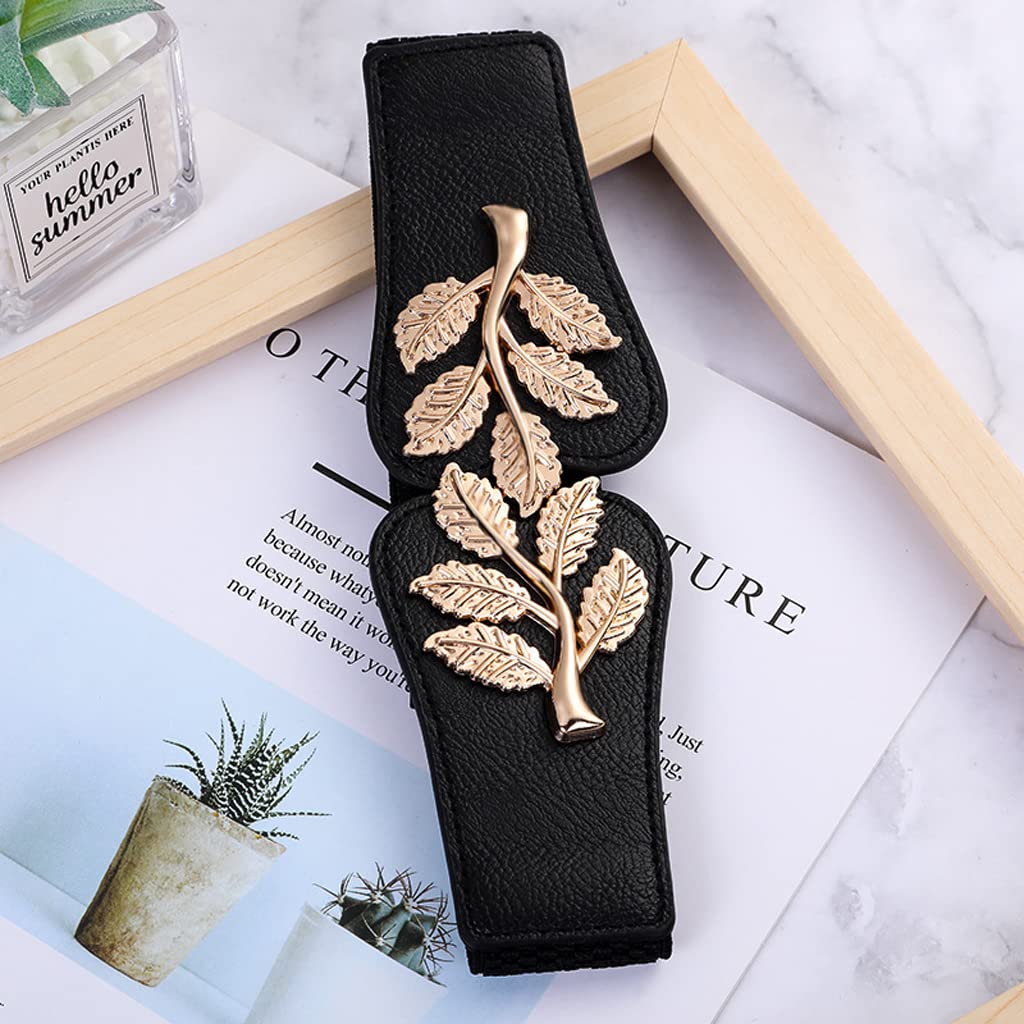 PALAY Fashion Elastic Skinny Belts for Women Girls,Golden Leaf Buckle for Dresses Coat Fashion Elastic Wide Waist -(66-90cm Waist)
