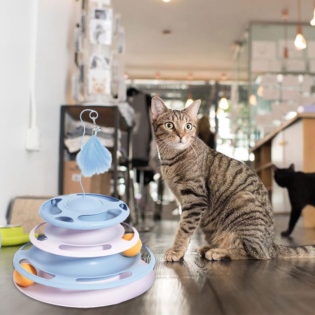 Qpets Cat Turntable Toy, 3 in 1 Cat Interactive Toys-Cat Teaser Stick, Double Track Turntable Ball, Detachable Snack Dispenser, PP Material Cat Amusement Plate Puzzle Pet Cat Toy