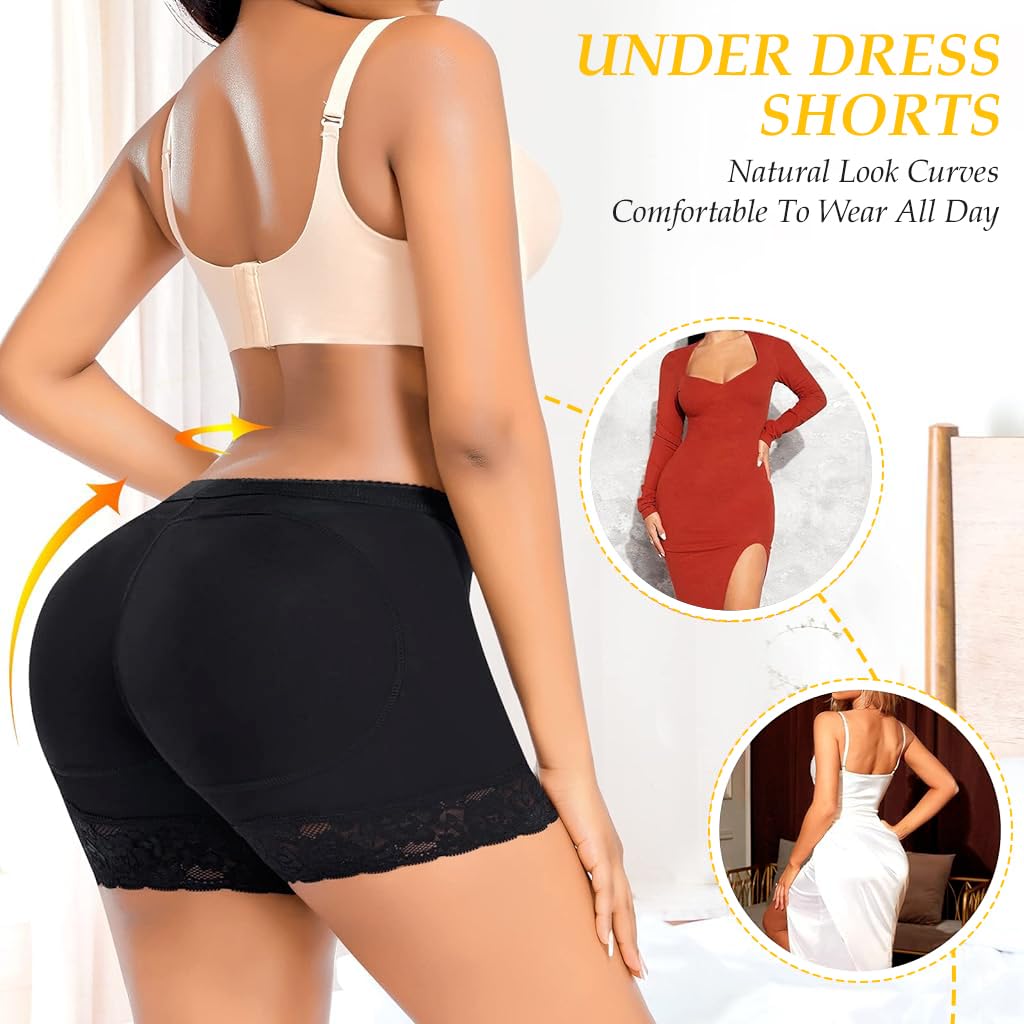ZIBUYU Women Butt Lifter Panties Padded Shapewear Hip Enhancer Panties Lace Pads Shorts Seamless Underwear Tummy Control Boyshorts, M, Black