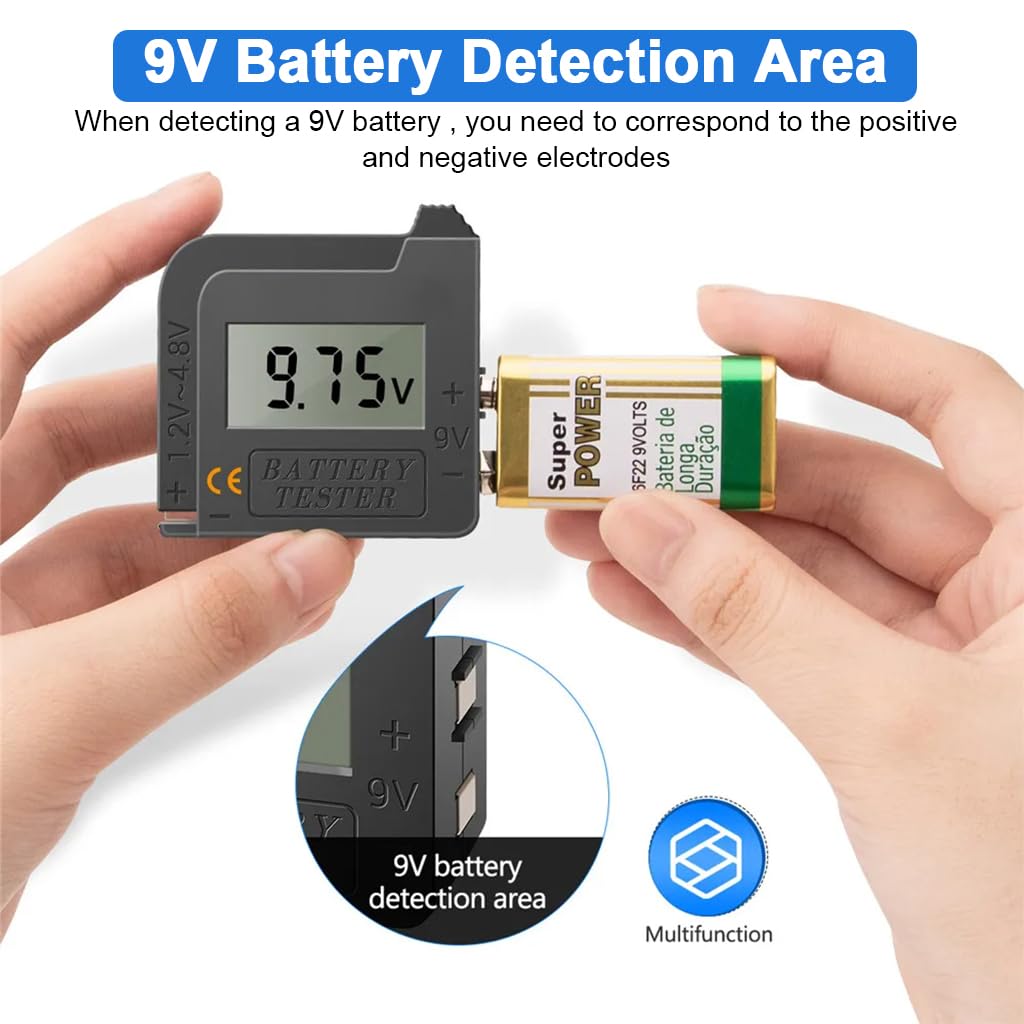 Serplex LCD Digital Battery Tester 1.2V-4.8V/9V Battery Meter Battery Portable Battery Capacity Tester Universal Battery Checker for AA Battery/AAA Battery/LR44/CR2023/3.7V Lithium Battery