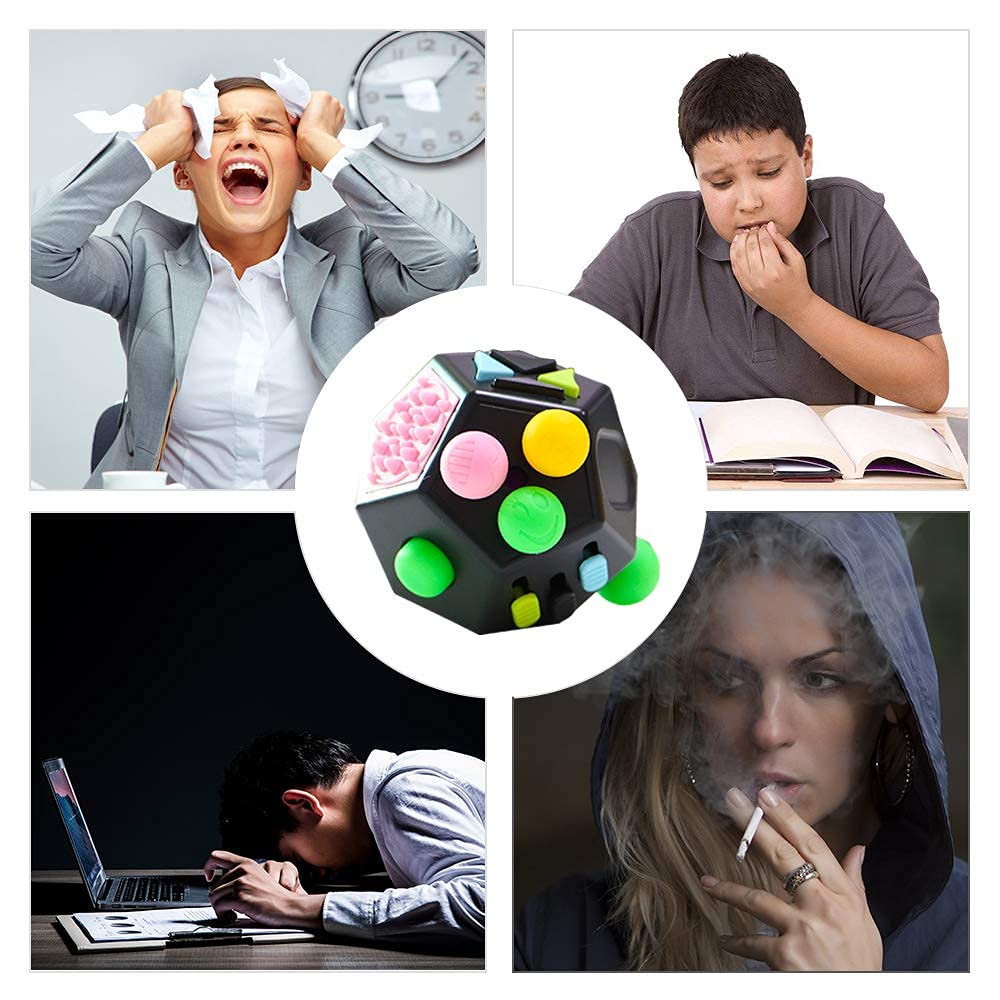 PATPAT 12 Sided Fidget Cube, Dodecagon Fidget Toys for Children and Adults Fidget Toy Stress and Anxiety Relief Depression Anti for All Ages with ADHD ADD OCD Autism (Black)