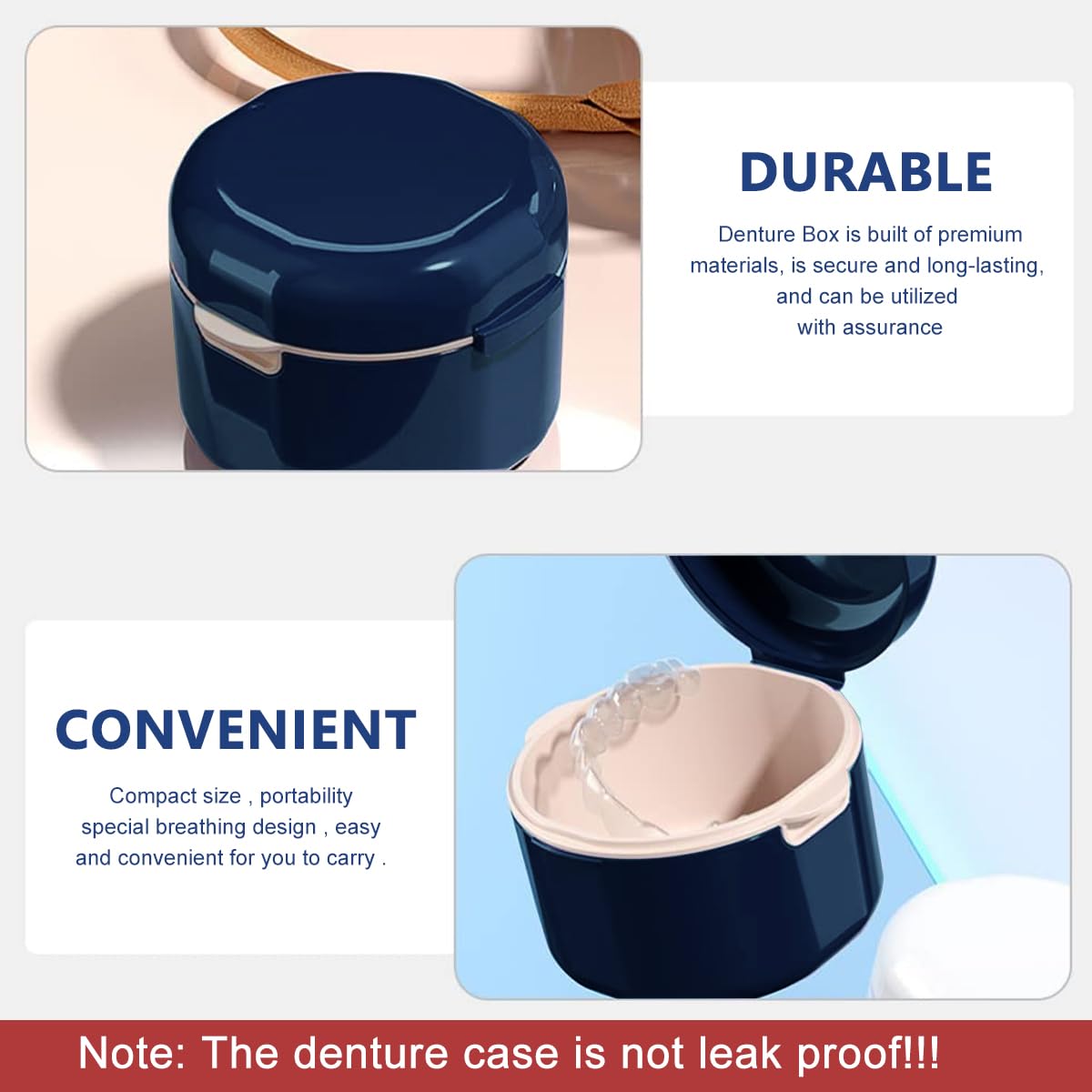 HANNEA Denture Case, Denture Bath Case Cup Box Holder Storage Soak Container with Strainer Basket for Travel, Retainer Cleaning (Blue)