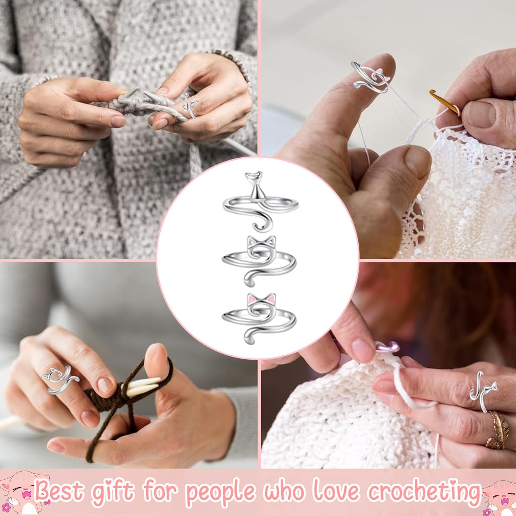 HASTHIP 3Pcs Crochet Rings for Crocheting, Adjustable Crochet Tension Ring for Finger Cat Crochet Finger Guard Ring Knitting Yarn Tension Ring for Women DIY Knitting & Crocheting