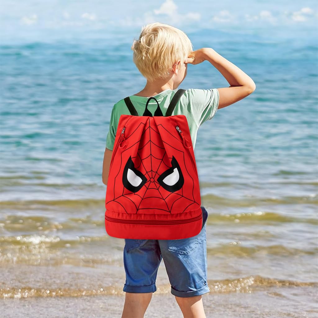 PALAY Swimming Bag for Kids Spider Man Print Shoulder Bag for Kids Large Capacity Backpack for Boys Girls Wet Dry Separation Beach Bag