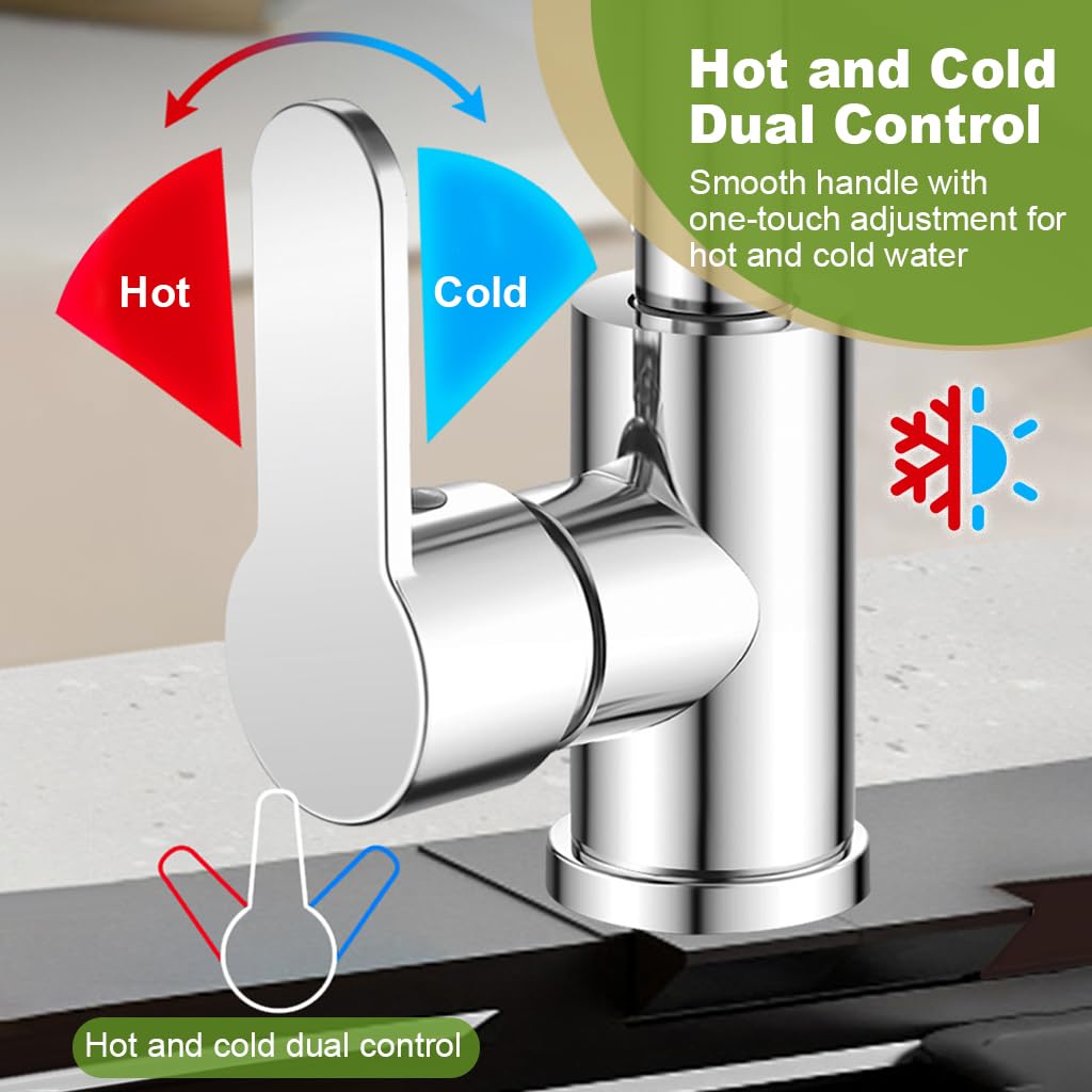HASTHIP Kitchen Faucet 4 in 1 Water Saving Faucet Modern Stainless Steel Sink Faucet with 4 Modes Waterfall Watering Faucet Jetting Faucet 360° Rotatable Mix Water Sink Faucet with 60cm Water Pipe