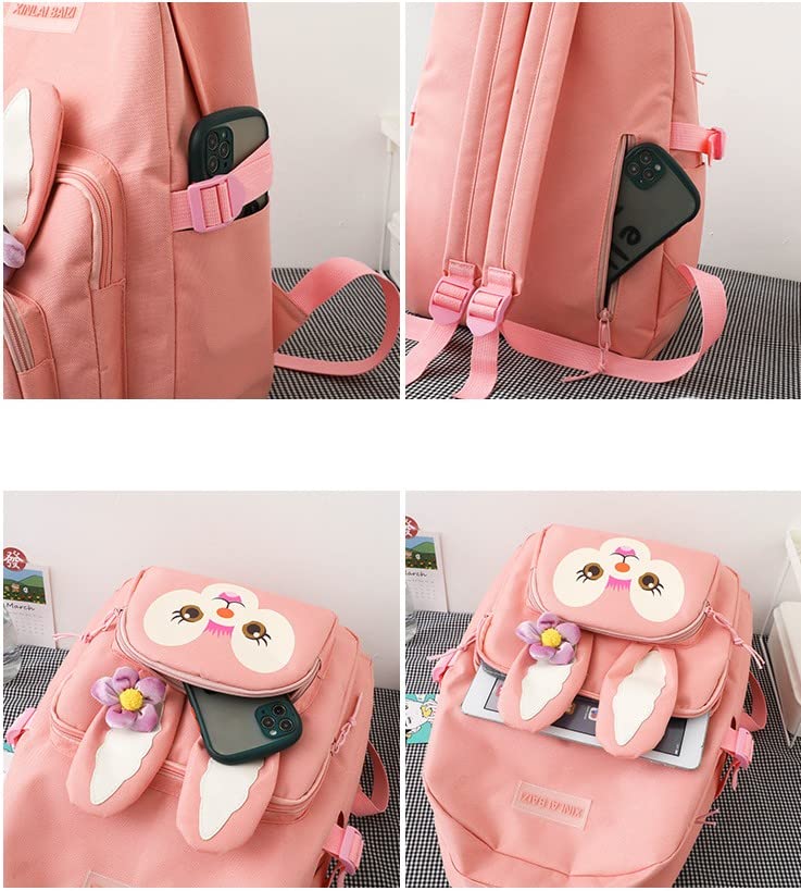 PALAY 5Pcs Set Cute Backpack for Girls Canvas Backpacks Set with Canvas Tote Bag Waterproof Multi-Pocket Kawaii School Backpack for Kids Laptop School Bag