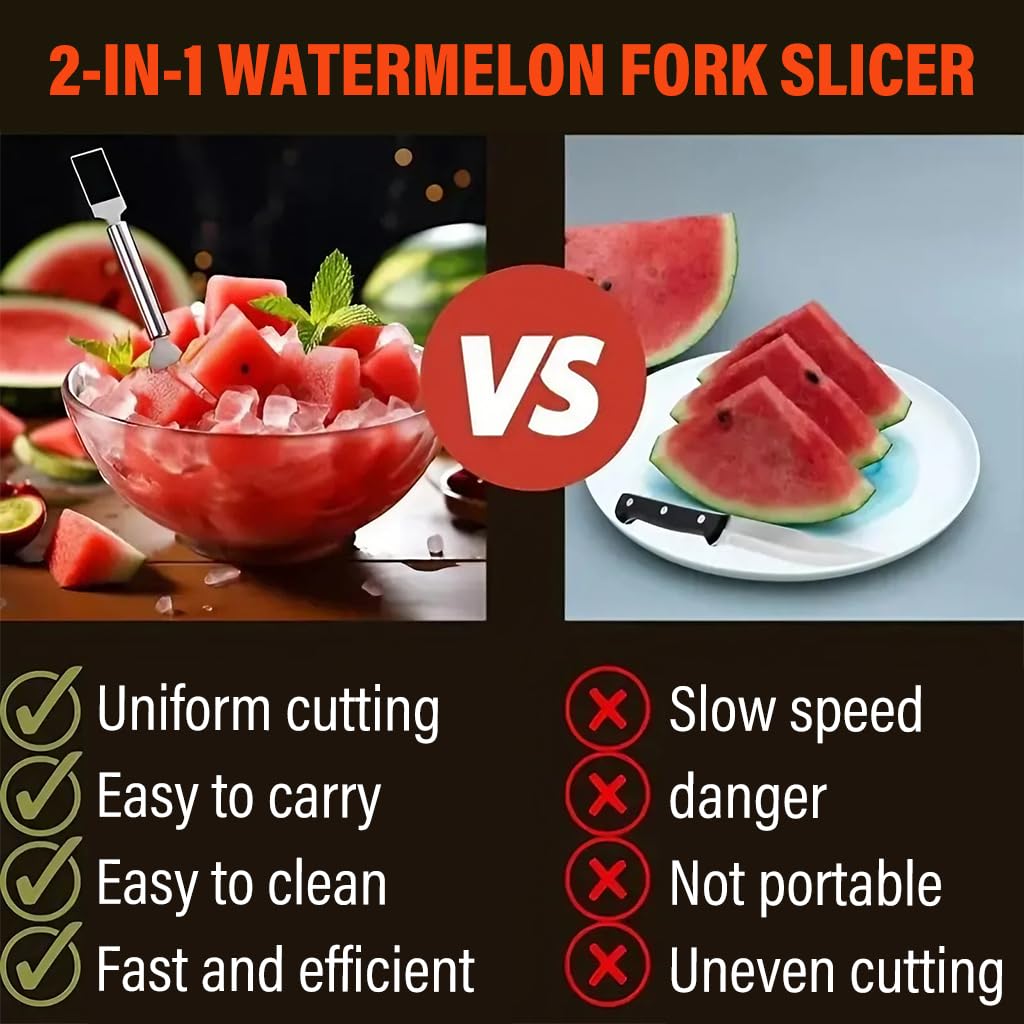 HASTHIP 2-in-1 Watermelon Cutter & Fork Watermelon Slicer 9.4 Inches Stainless Steel Melon Cutter Slicer and Fork Dual Head Design Watermelon Cutter Fork