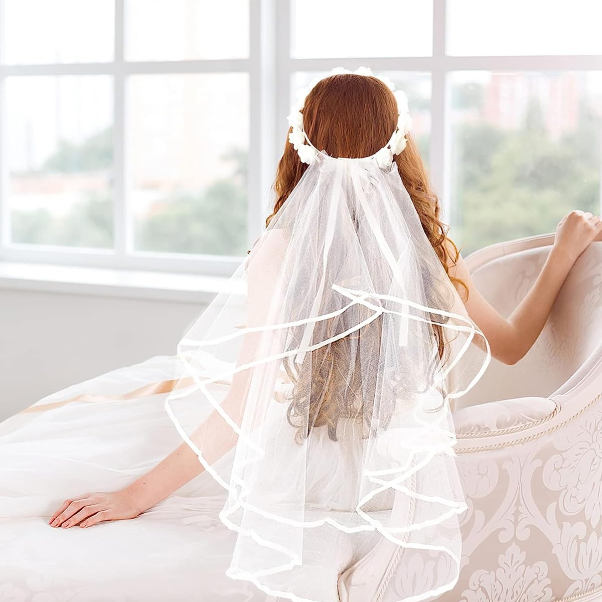 PALAY Bridal Veil for Wedding White Floral Bachelorette Party Veil, Boho Flower Crown Veil, Bridal Shower Veil, Bride to Be Gift Head Wear for Wedding Party