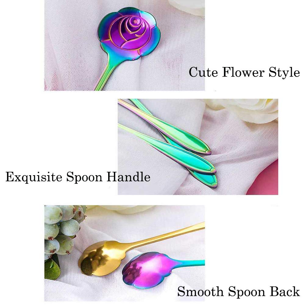 HASTHIP 8Pcs Rainbow Flower Spoon Set, 410 Stainless Steel Reusable Long/Short Handle Spoon, 2 Different Size Colorful Scoop Spoon Teaspoons Coffee Sugar Stirring Spoon Dessert Cake Spoons