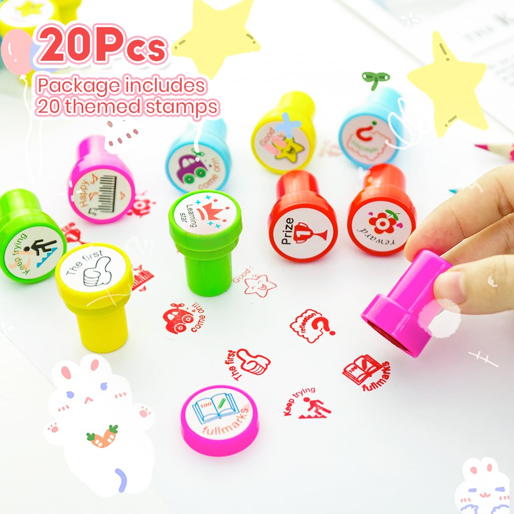 HASTHIP Kids Reward Stamps 20Pcs Inspirational Themed Stamps for Kids Colorful Prizes Stamps Quick Dry Stamp for Kids Party Supplies Party Favors School Supplies