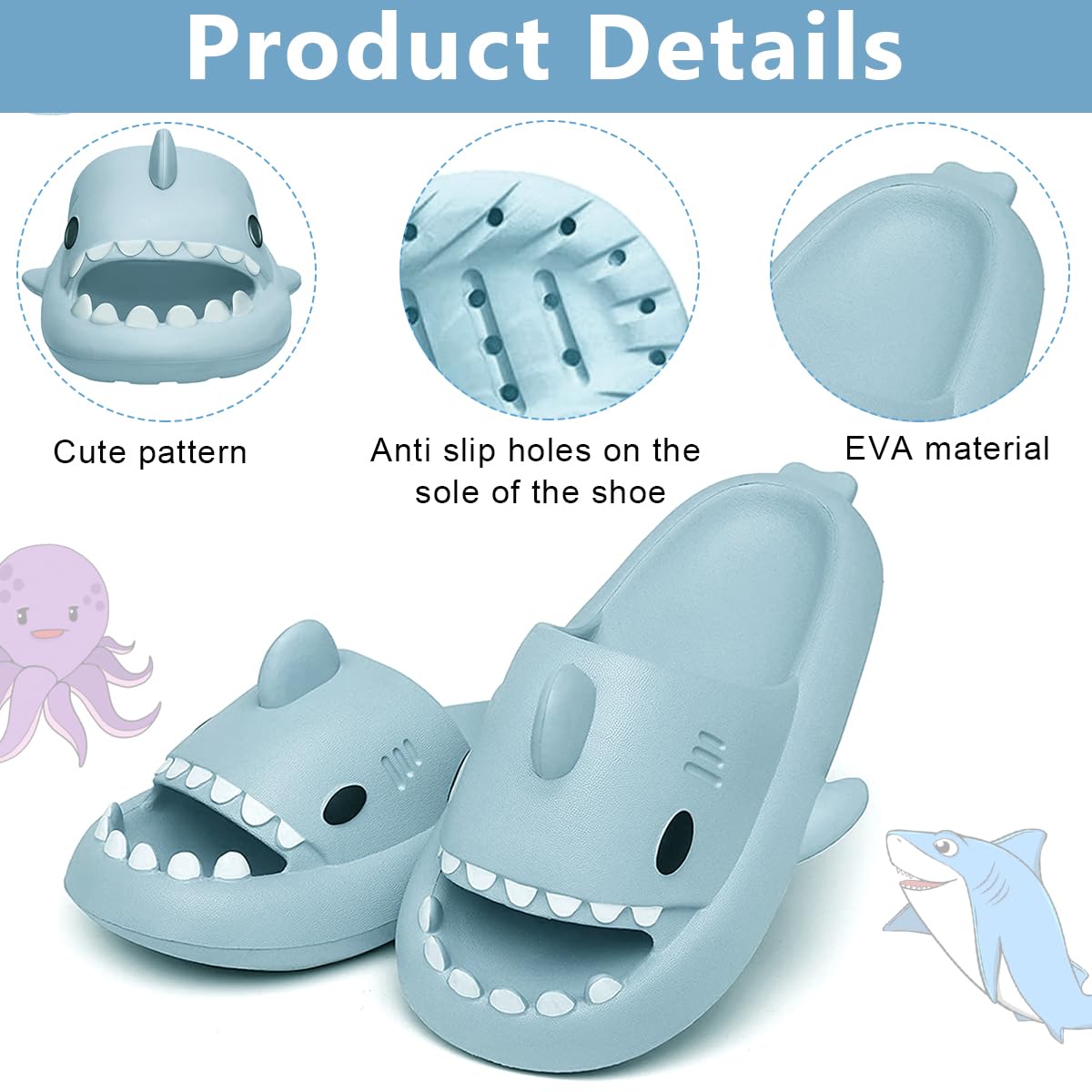 GUSTAVE Cartoon Shark Slippers for Women Cute EVC Anti-slip Slippers for Men Novelty Couple Slipper with Cushioned Thick Sole for Home, Bathroom, Beach, Pool (UK 9-10)
