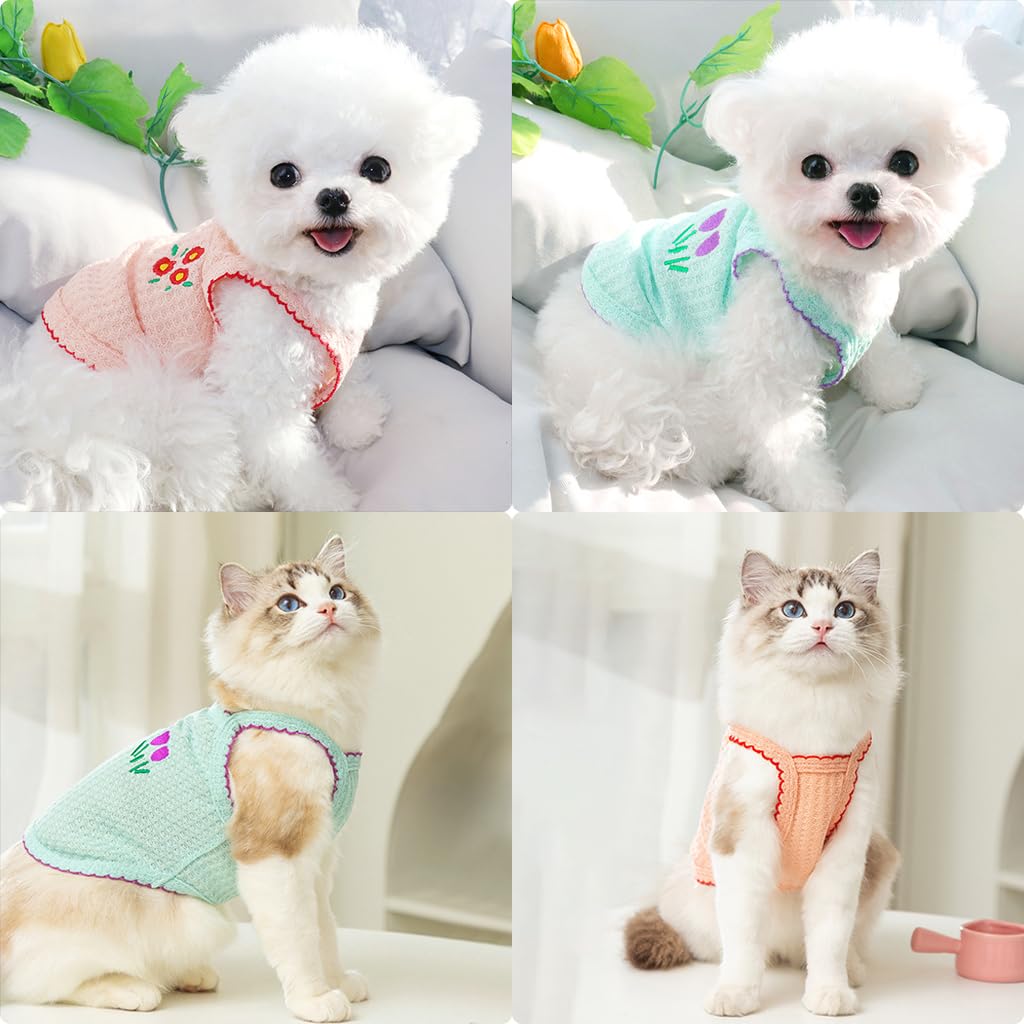 Qpets 2 Pack Dog Clothes Lovely Flower Embroidery Clothes Pink & Mint Green Summer Breathable Cotton Dog Vest Stretchy Dog Clothes Sleeveless for Small Dogs, Cat (Size: M, Pink+Green)