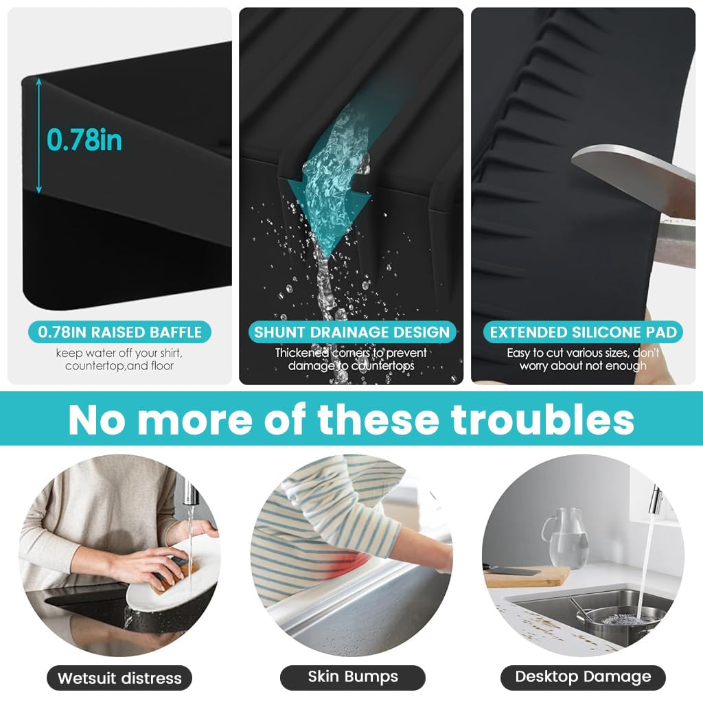 Supvox Kitchen Sink Edge Protector Water Splash Guards Silicone Kitchen Sink Counter Top Water Guard Cuttable Universal Modern Kitchen Sink Water Guards, 4x20 inches