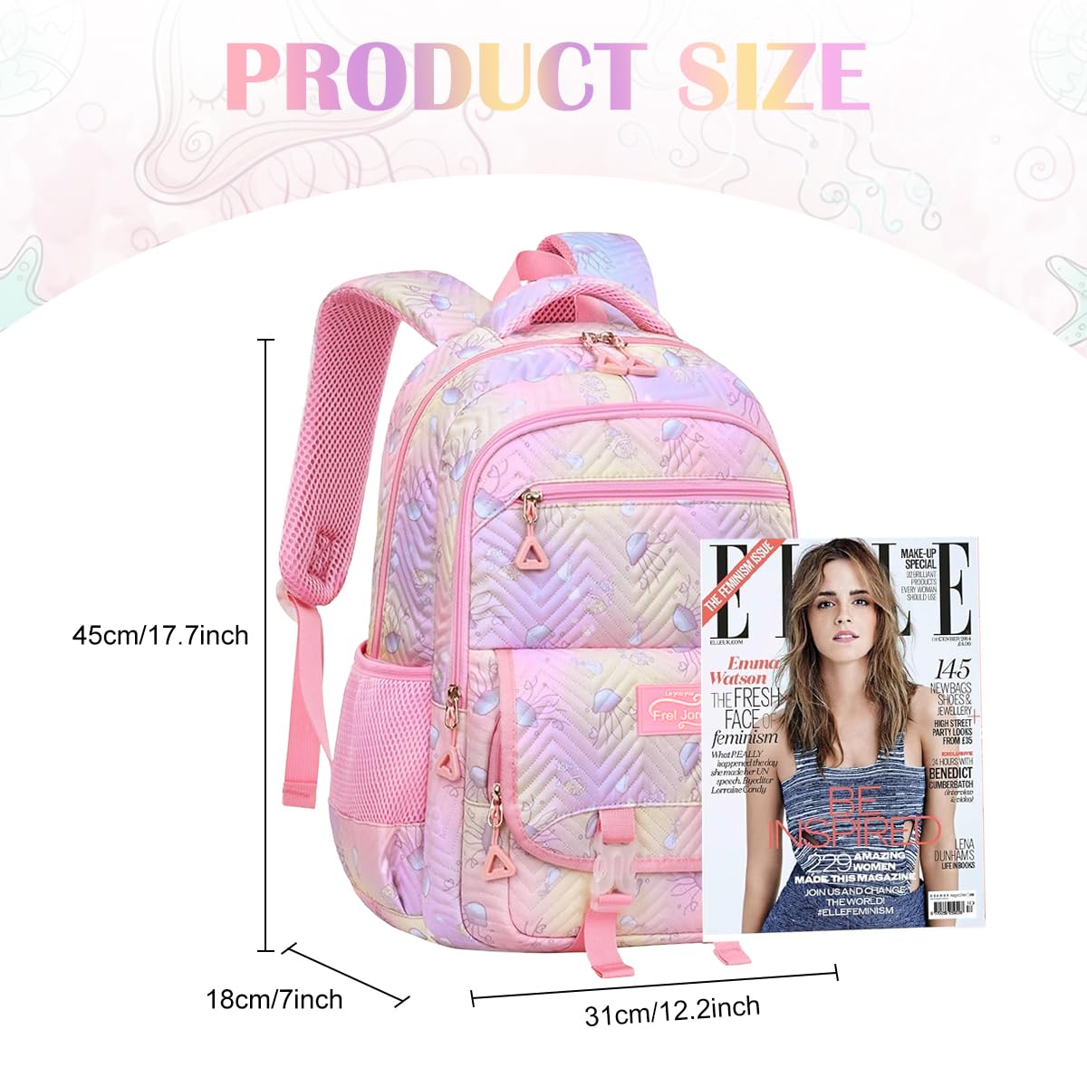 PALAY Girls Backpack, School Backpack for Girls, Multi Compartment School Girls Backpack Cartoon Schoolgirls Backpack Jellyfish Print Girls Bookbag School Backpack School Gift Birthday Gift for Girls