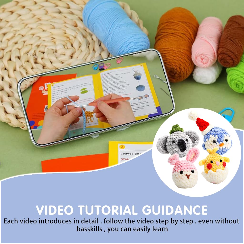HASTHIP 4Pcs DIY Crochet Kit Set Cartoon Chenille Animals Crochet Stuffed Animal Kit Stuffed Toy Desk Decor Keychain Pendent Starter Crochet Cute DIY Cartoon Crocheting Kit DIY Gift for Kids, Adults