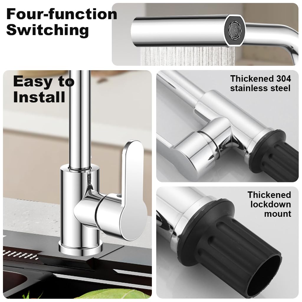 HASTHIP Kitchen Faucet 4 in 1 Water Saving Faucet Modern Stainless Steel Sink Faucet with 4 Modes Waterfall Watering Faucet Jetting Faucet 360° Rotatable Mix Water Sink Faucet with 60cm Water Pipe