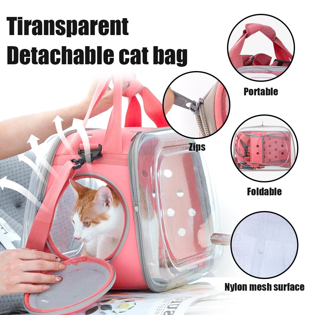 Qpets Transparent Cat Bag Carrier Backpack Hard Case PVC, Pet Carrier with Shoulder Strap, Cat Carrier with Dual Side Breathable Holes, Travel Pet Carrier for Cat, Kitten(Fit Within 9KG Cat)
