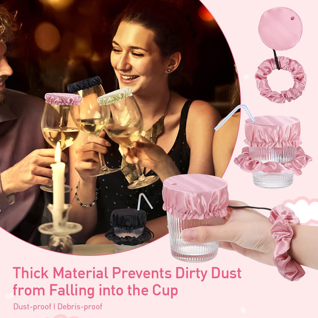 HASTHIP 3Pcs Drinking Cup Cover with Straw Hole & Anti-slip Wrist Strap Reusable and Washable Fabric Elastic Closure Drinking Cup Cover for Water Cup, Drinks