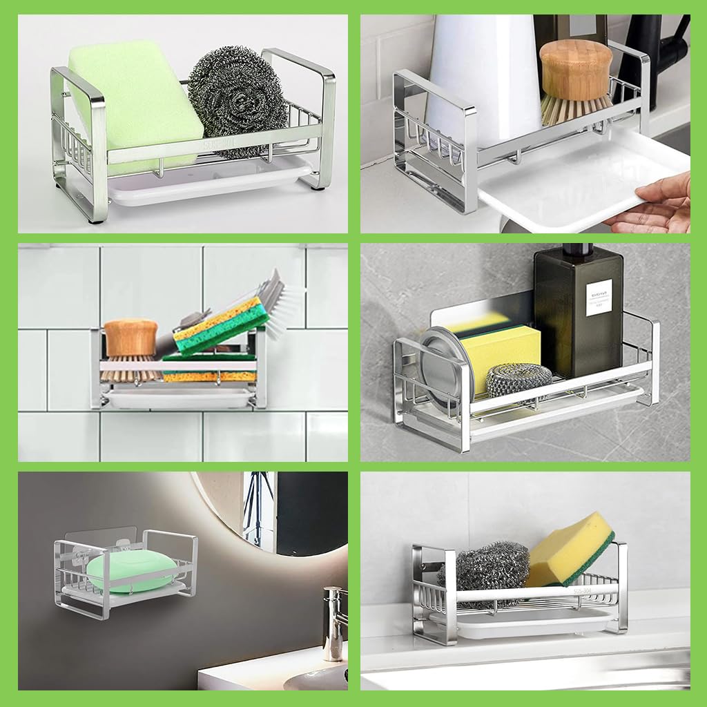 ZIBUYU Sink Organiser in Kitchen Stainless Steel Soap Holder for Kitchen Flat And Wall Mounted Sink Dish Drainer Basket Kitchen Organiser with Detachable Drainage Tray