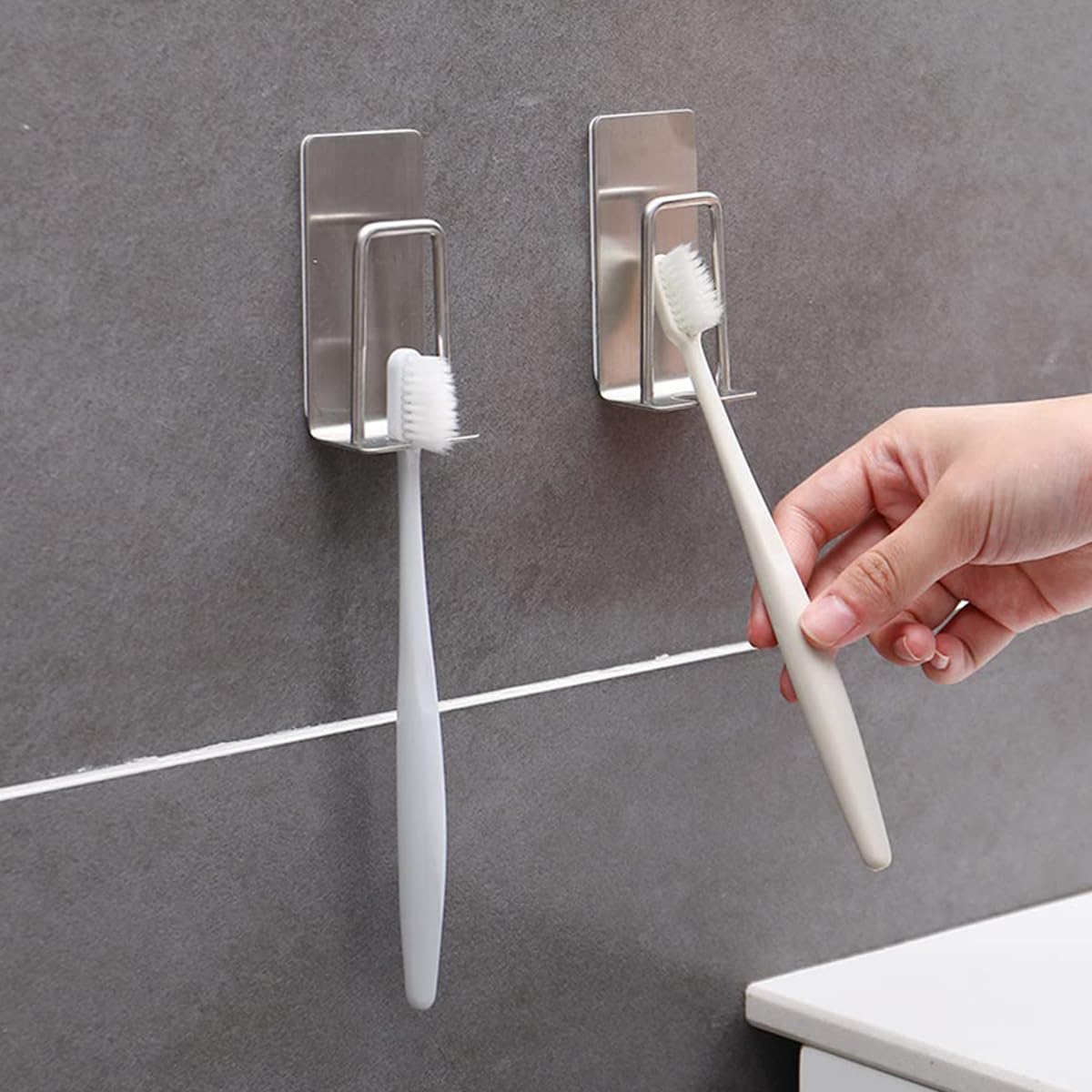 Serplex 4Pcs Bathroom Toothbrush Cup Holders 2 in 1 Bathoom Stainless Steel Cup Holder Toothbrush Rack Self Adhesive Toothbrush Cup Drain Rack