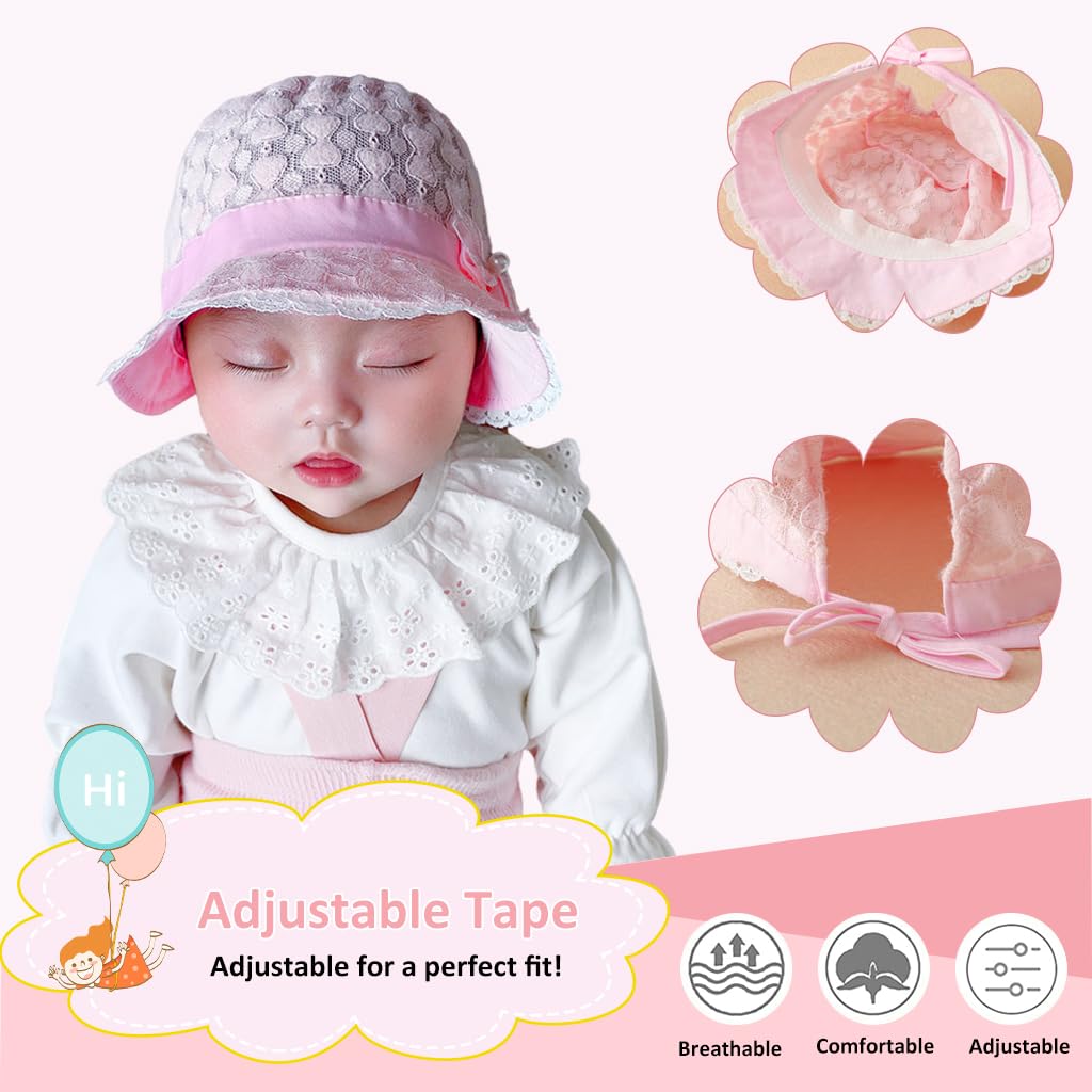 SNOWIE SOFT Baby Hats for Girls, Adorable Sun Hats for Baby Toddler Girls, Windproof Summer Hat with Strap Bucket Hat Cute Bow Tie Lace Sun Hat Travel Sun Hat for Baby 3-12 Month, Beige