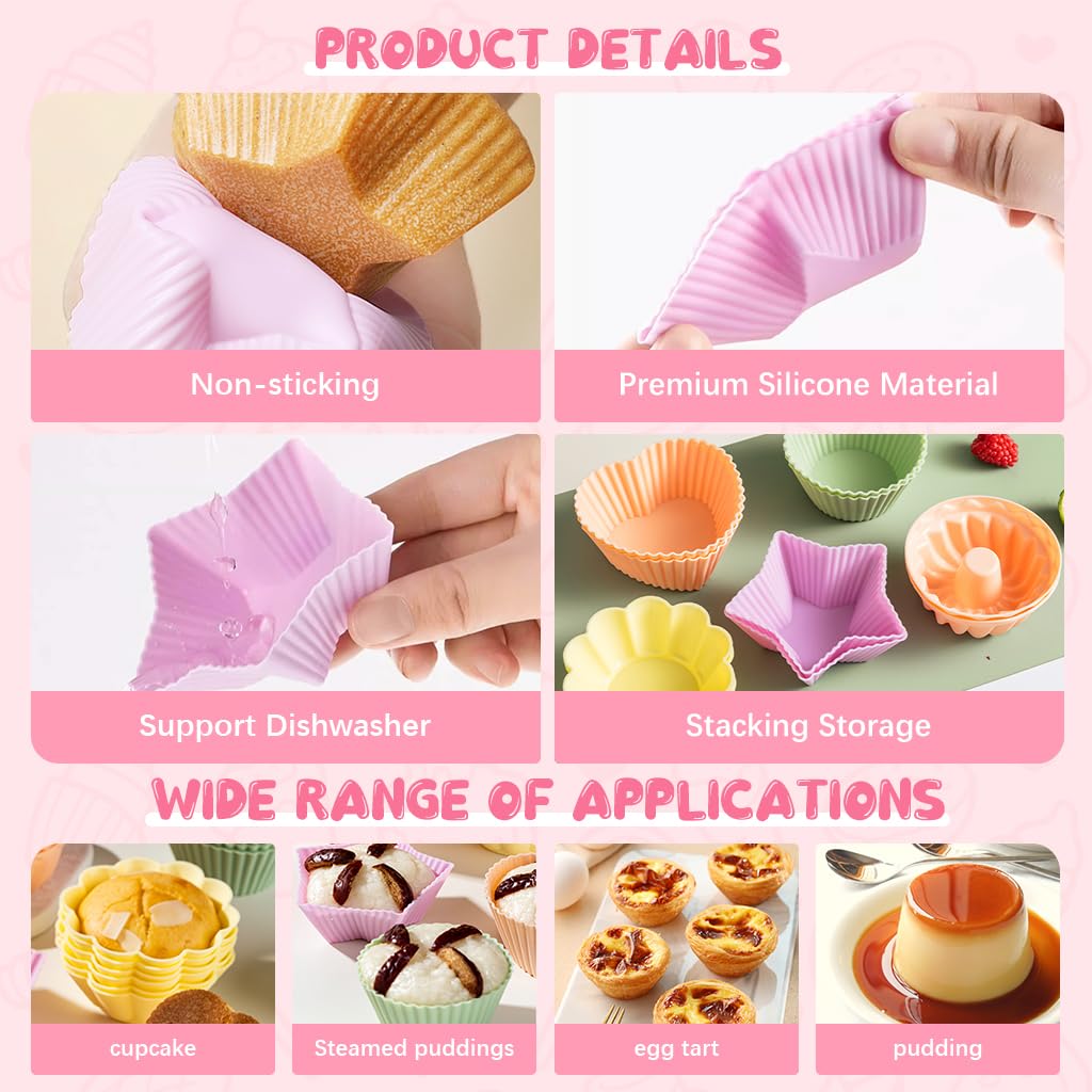 HASTHIP 10Pcs Silicone Cake Molds 5 Designs Creative Kitchen Baking Cake Mold Sunflower Heart-shaped Star Cupcake Molds BPA Free Silicone Heat Resistant Silicone Molds for Cake, Chocolate, Jelly