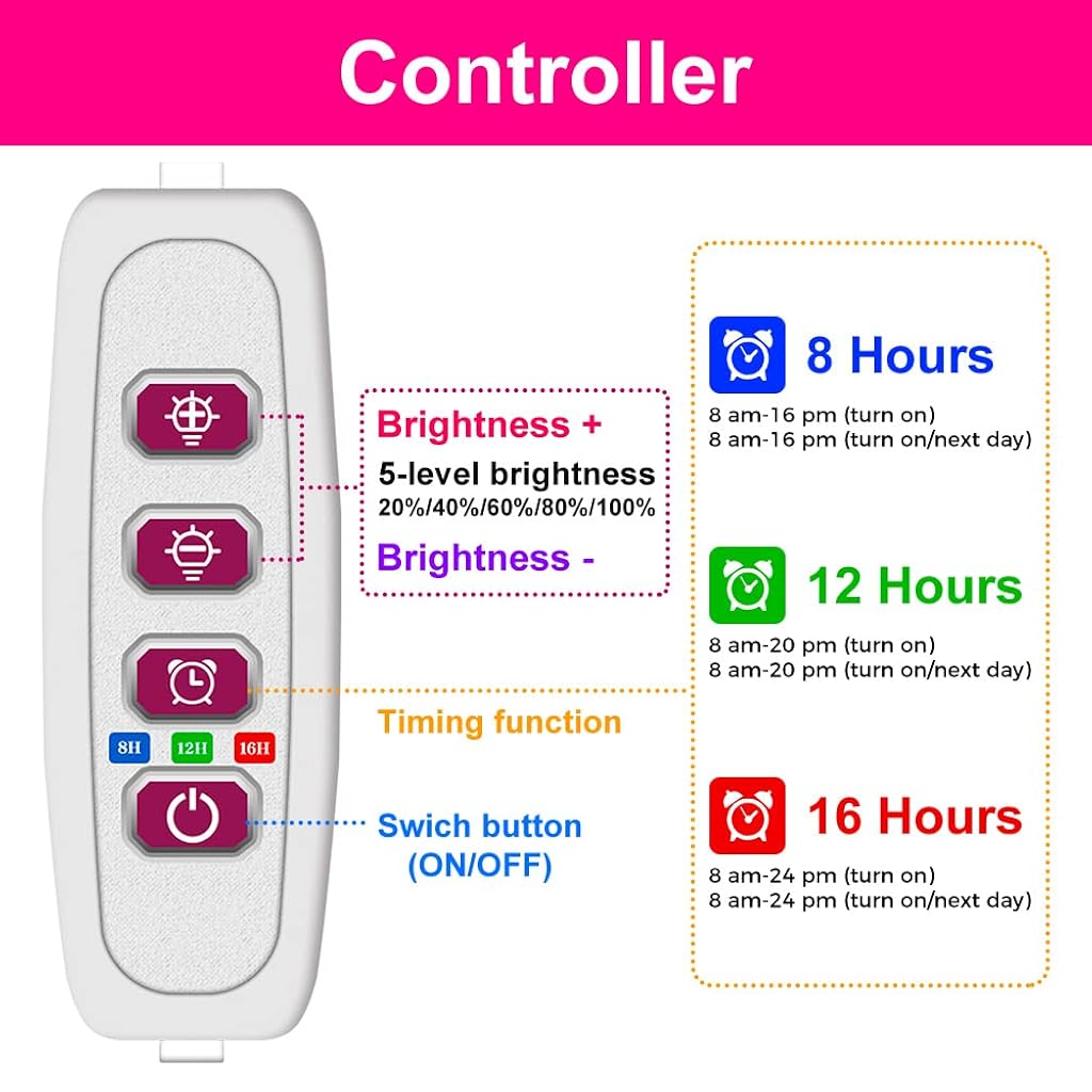 Qpets LED Grow Lights Bars for Indoor Plants, Full Spectrum Strips Auto ON/Off, 8/12/16H Timer, 5 Dimmable Levels High Output USB 5V Grow Lamp Hydroponics Seedling Flower Starting(Pink Purple)