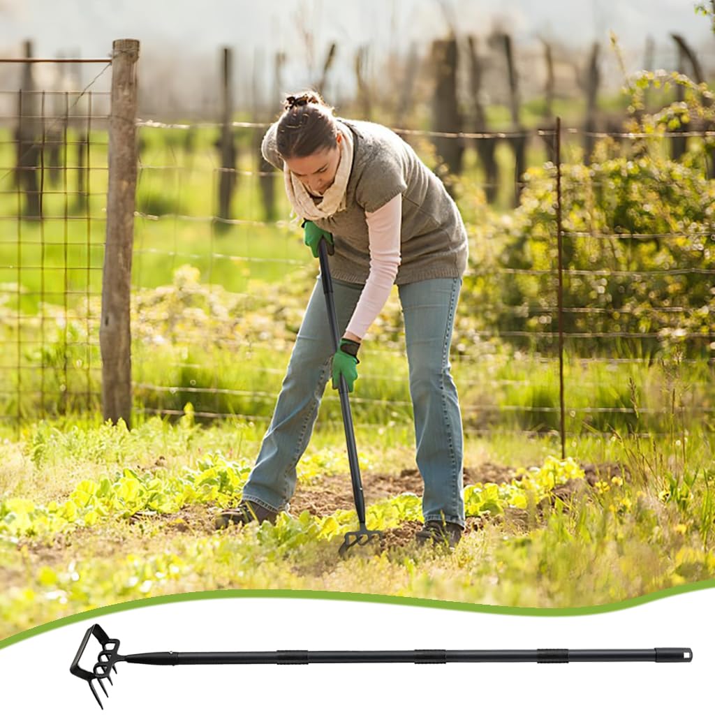 HASTHIP 77-165CM Rake for Gardening, Stainless Steel Telescopic Garden Rake for Quick Clean Up of Lawn and Yard, Adjustable Rake Claws Spacing Garden Broom with Long Handle for Clean Leaves