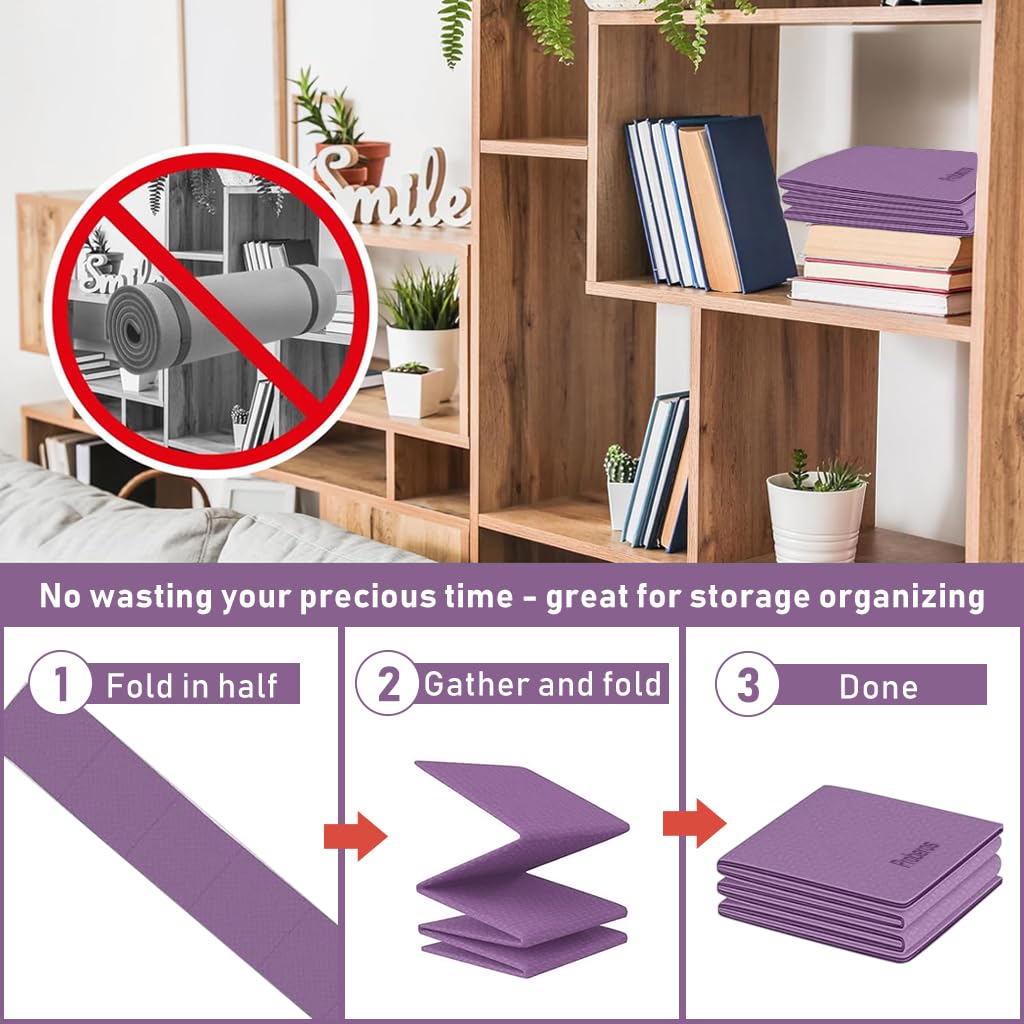 Proberos Portable Folding Yoga Mat with Carry Bag TPE Yoga Mat Anti-slip 5mm Thicken Fitness Yoga Mat for Men Women Pilates Mat for Home Workout, Gym, Travel, 72x24 inches, Purple