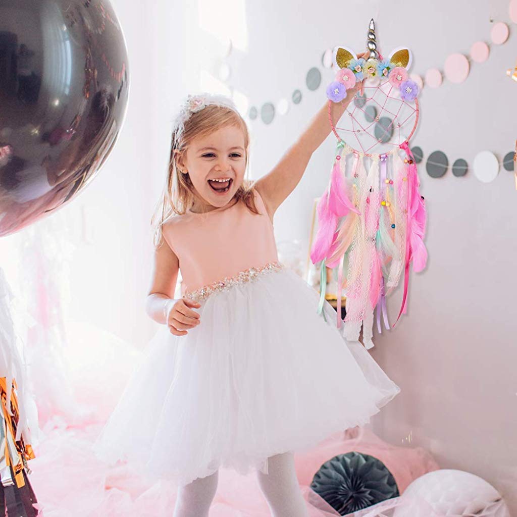 Supvox Cotton Thread, Shiny Pearls Net Unicorn Dream Catcher Colourful Feather Handmade Dream Catchers (Pink)