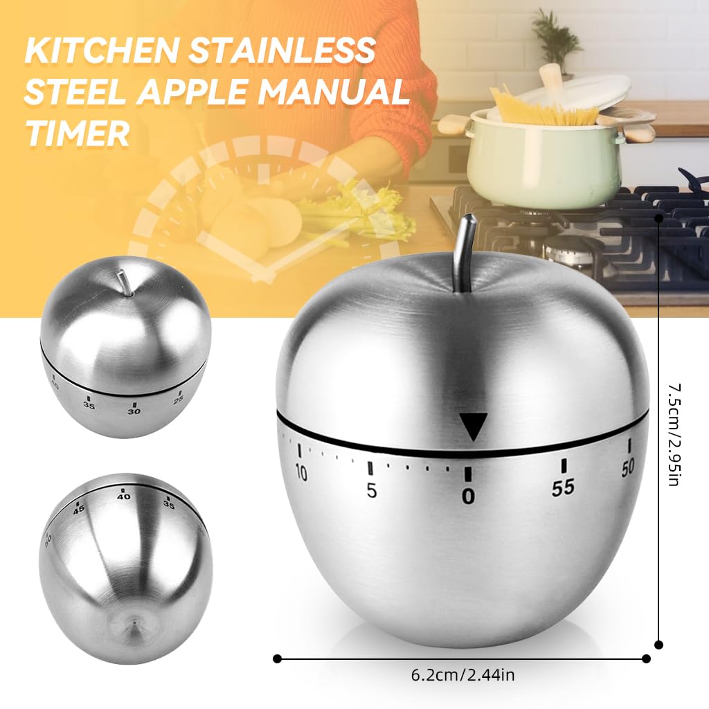 ZIBUYU Kitchen Manual Timer Stainless Steel Apple Mechanical 60mins Countdown Kitchen Timer 70 Decibels Kitchen Timer Learning Timer