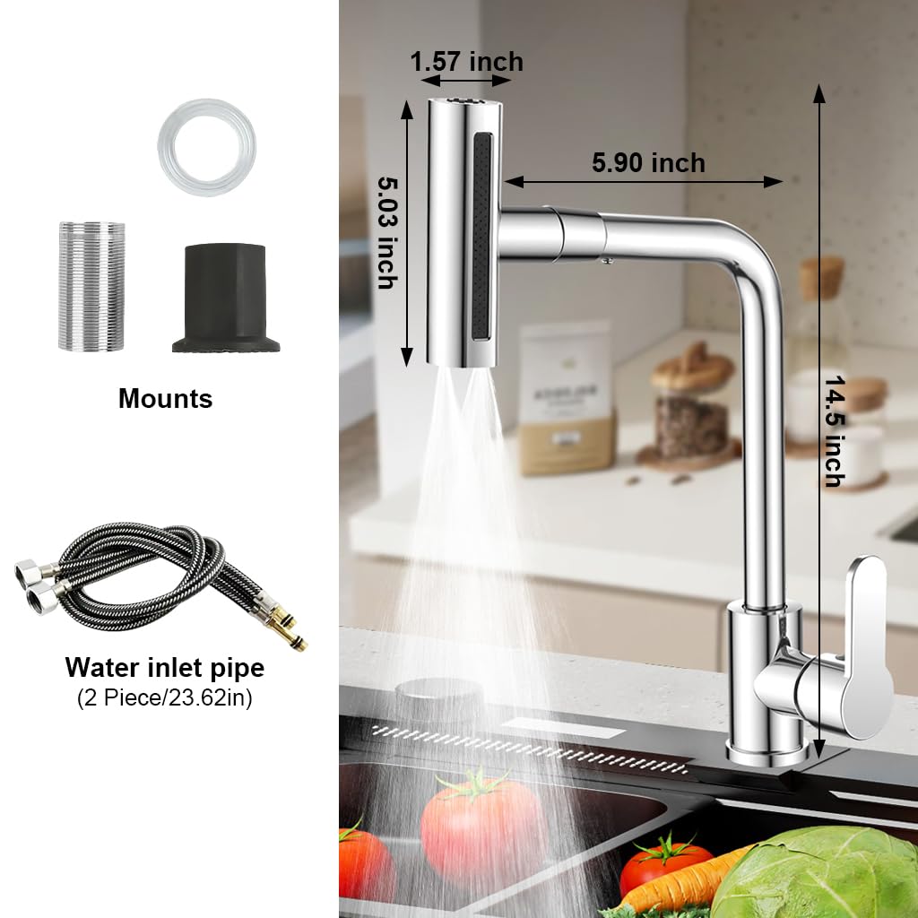 HASTHIP Kitchen Faucet 4 in 1 Water Saving Faucet Modern Stainless Steel Sink Faucet with 4 Modes Waterfall Watering Faucet Jetting Faucet 360° Rotatable Mix Water Sink Faucet with 60cm Water Pipe