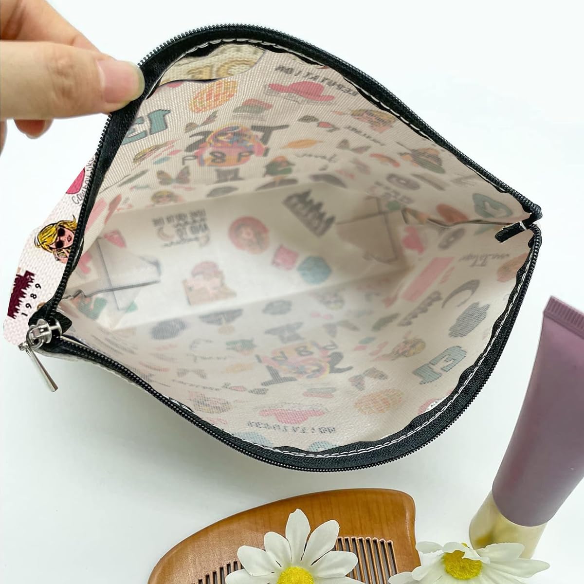 PALAY Makeup Bag Fashion Women Makup Pouch Toiletries Bag Linen Print Travel Makeup Organizer Zipper Pouch Cartoon Print Cosmetic Bag for Women Makeup Brush Bag(25x17cm)