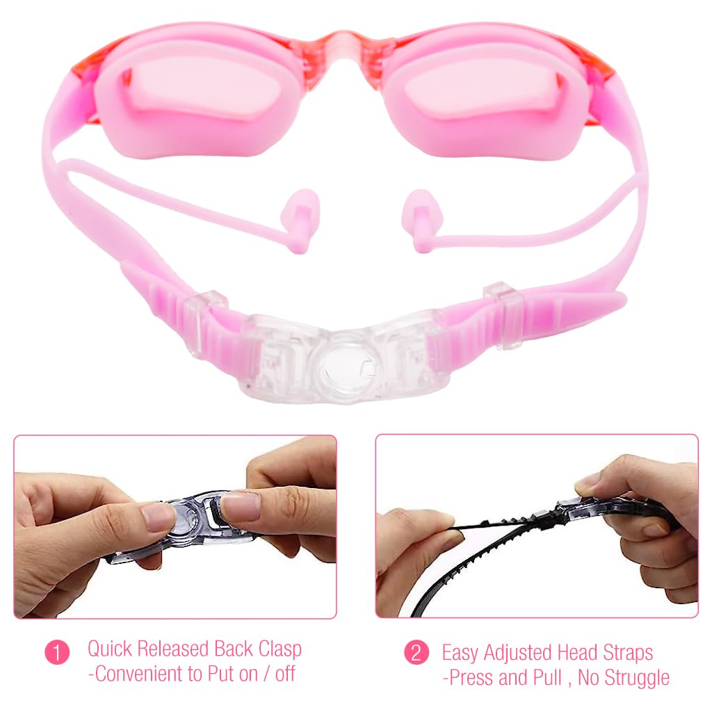 Optifit Swim Goggles for Women, Swimming Goggles with Ear Plugs, Swimming Goggles Anti-Fog, UV Protection for Adults Women & Kids with Protection Case Kit, Detachable Swimming Goggles (Pink)