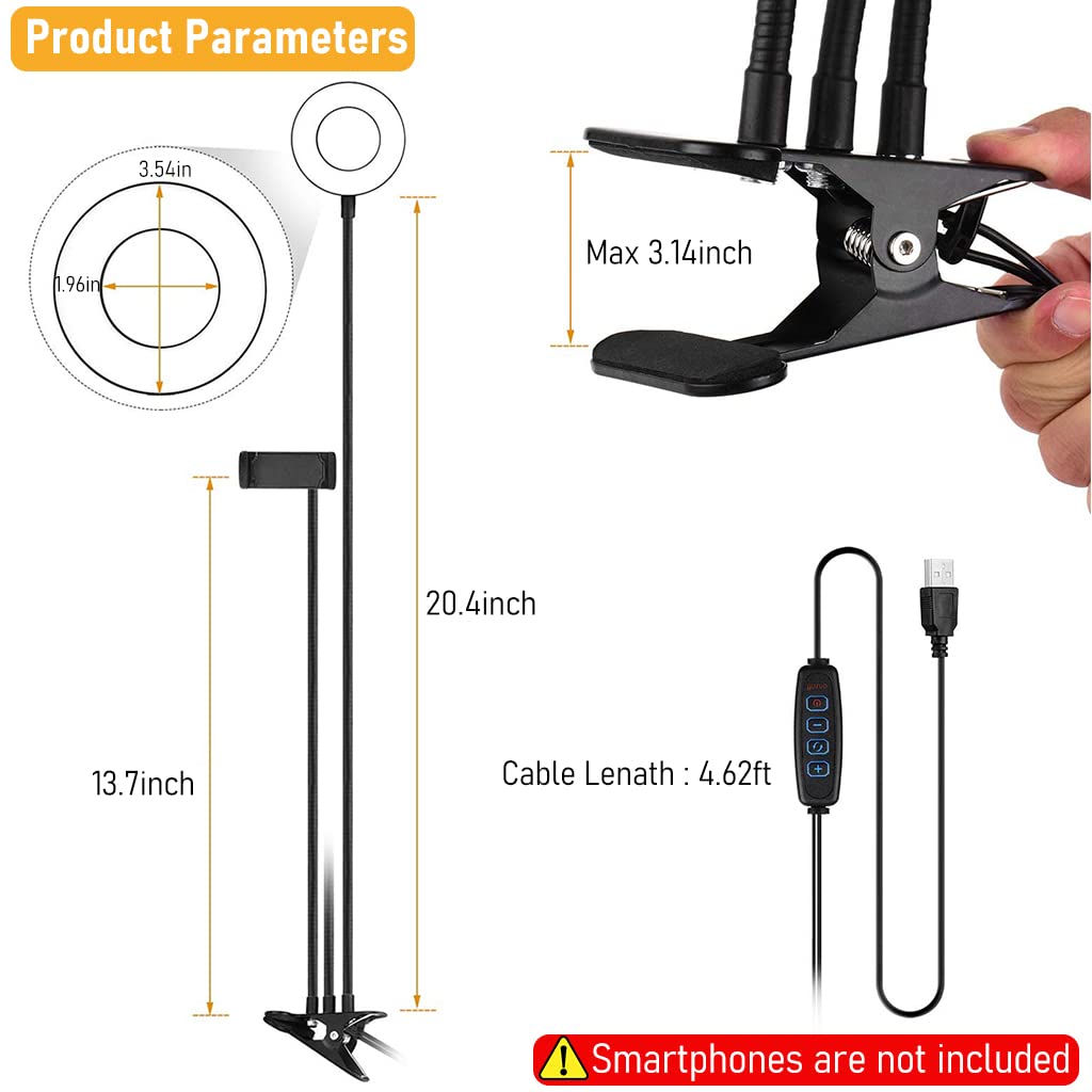 ZORBES Light for Video Shooting, 2 in 1 USB LED Selfie Light Dual Ring Light for Video Shooting, 360° Rotatable Ring Light Phone Holder Phone Stand Clip-on Video Light Ring Light with 3 Colors 10 Brightness