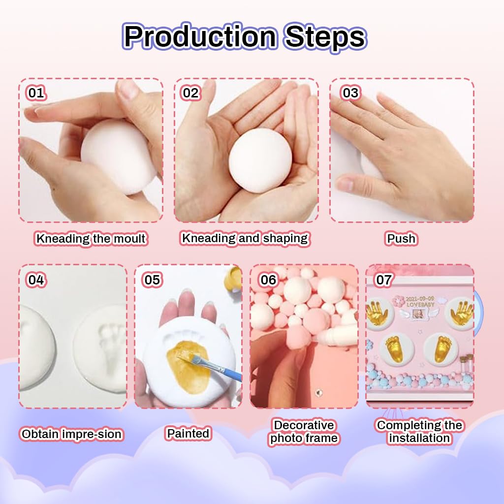 PATPAT Baby Clay Footprint & Hand Print Kit Golden Paints Baby Hand & Foot Clay Kit with Photo Frame & Accessories Newborn Handprint and Footprint Clay Kit, Baby Shower Gift for Girls (Pink)