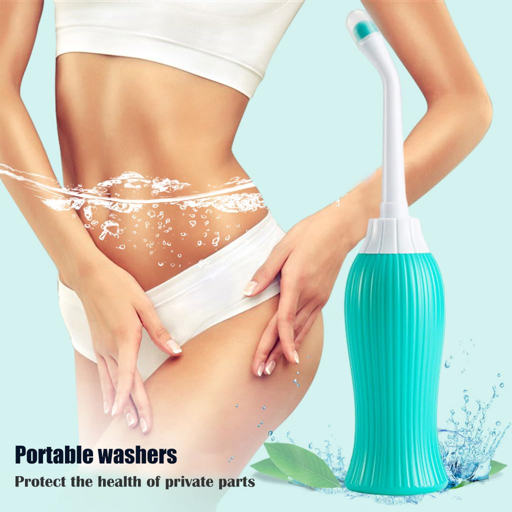 HANNEA 450ml Portable Retractable Travel Bidet with Bag/2 Nozzles for Toilet Handheld Postpartum Perineal Cleansing Childbirth Cleaner - for Outdoor,Camping,Personal Hygiene (Green)