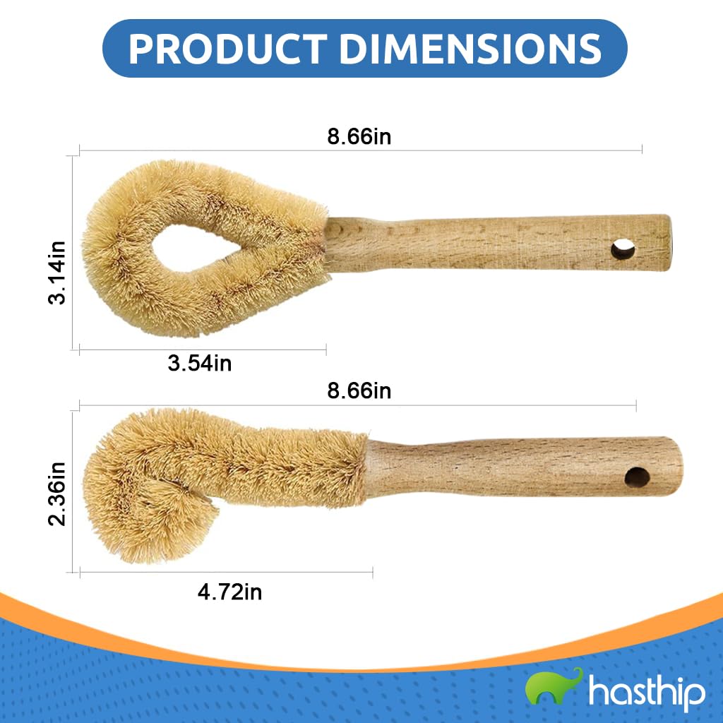 HASTHIP 2Pcs Kitchen Pot Cleaning Brushes with Wooden Handle, Natural Coconut Shell Fiber, Hard Bristles Coir Scrubber for Pots, Pans, Utensils