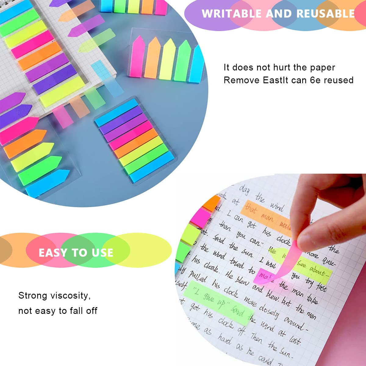 HASTHIP Sticky Notes 8 Colors Sticky 1600pcs Fluorescent Color Index Tabs Sticky Tabs for Notebook, Books, PET Material Page Tabs Sticky Flags File Index Tabs Office Stationery