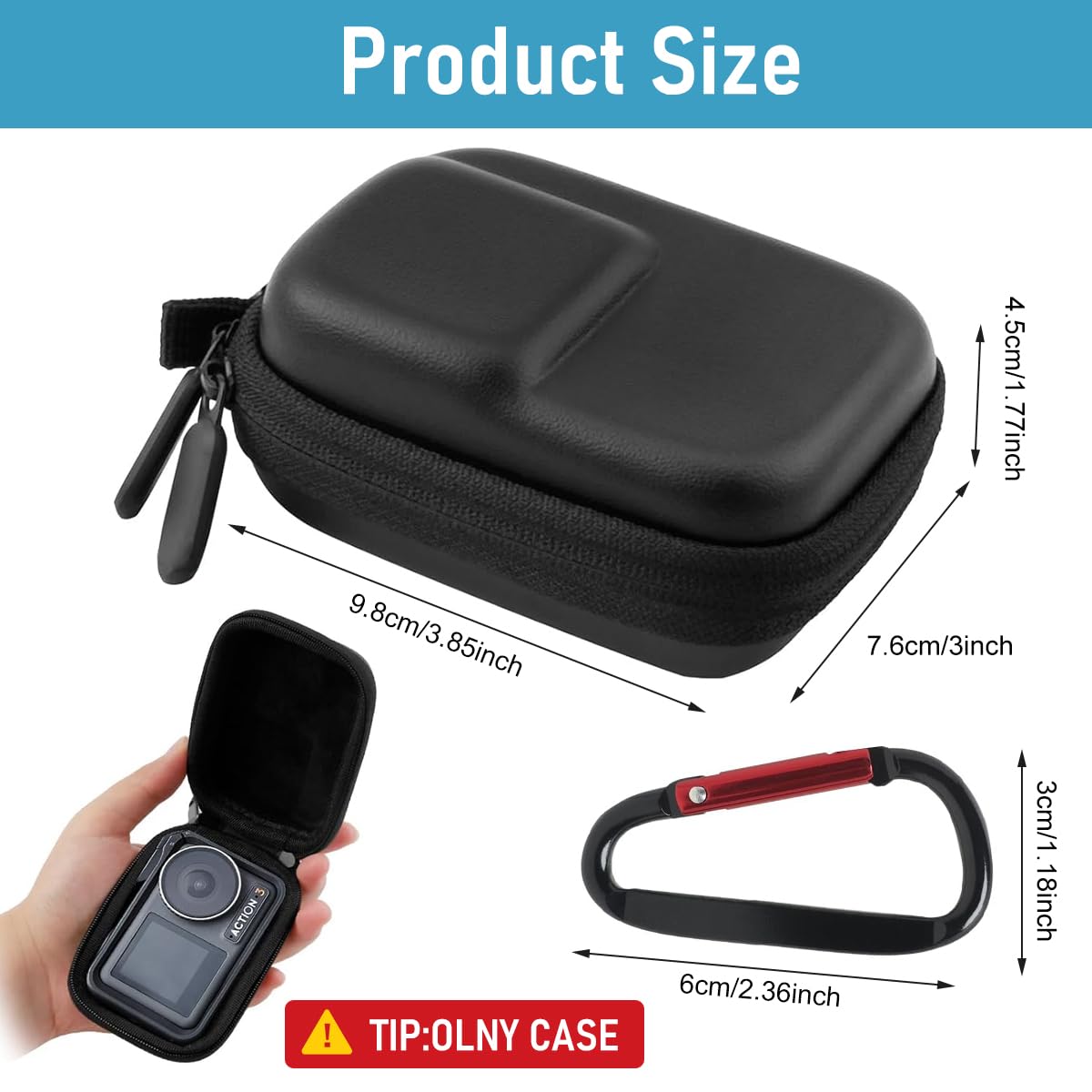 ZORBES Carrying Case for OSMO Action 5 Pro/4/3 Waterproof PU Hard Shell Storage Bag Plush Lining Design Action Camera Travel Case with Handstrap & Carabiner, 9.8 * 7.6 * 4.5cm