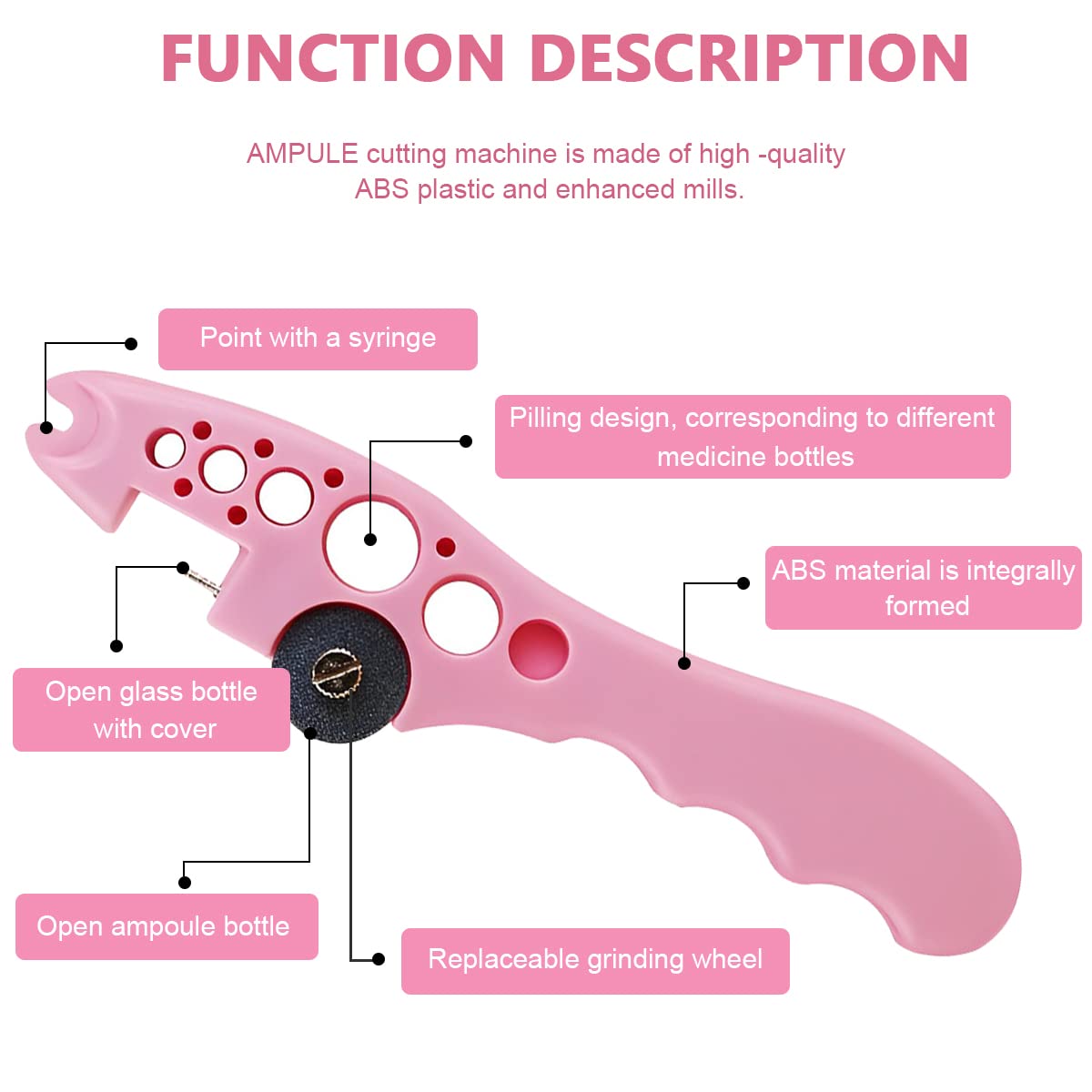 HASTHIP® Ampule Cutter with 5 Replaceable Grinding Wheels, Ampoule Cutter for Doctors, Glass Bottle Cutter, Ampule Breaker, Suitable for Home Daily or Medical Use, Cut The Ampoule (Pink)