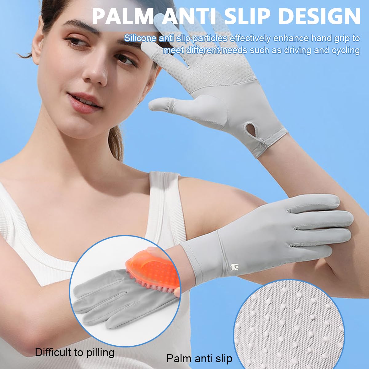 PALAY Sun Protection Gloves for Women Driving Touch Screen Gloves Anti-Skid Summer Full Hand Gloves for Bike Cycling Riding, Ice Silk Cooling Breathable Outdoor Sunblock Gloves - Grey