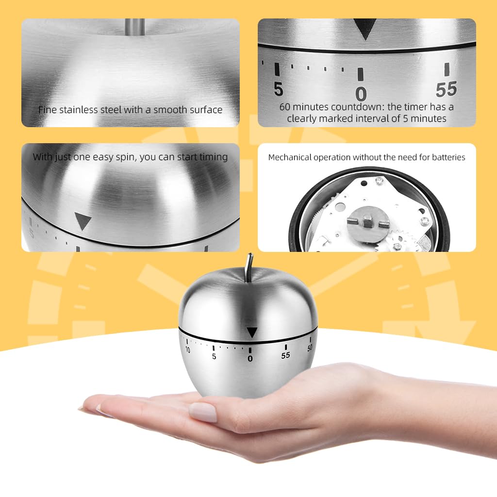 ZIBUYU Kitchen Manual Timer Stainless Steel Apple Mechanical 60mins Countdown Kitchen Timer 70 Decibels Kitchen Timer Learning Timer